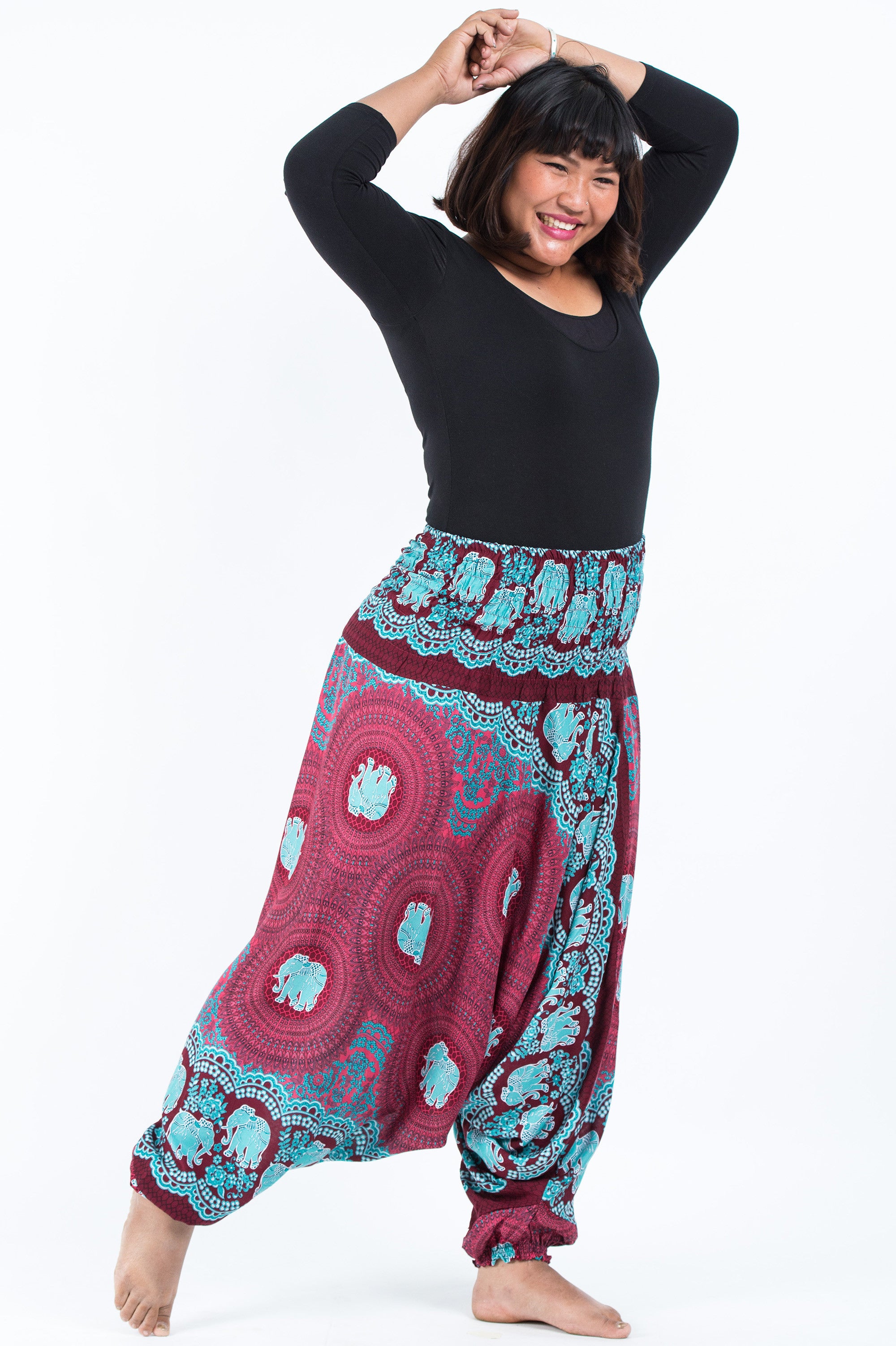 Plus Size Mandala Elephant 2-in-1 Jumpsuit Elephant Pants in Red