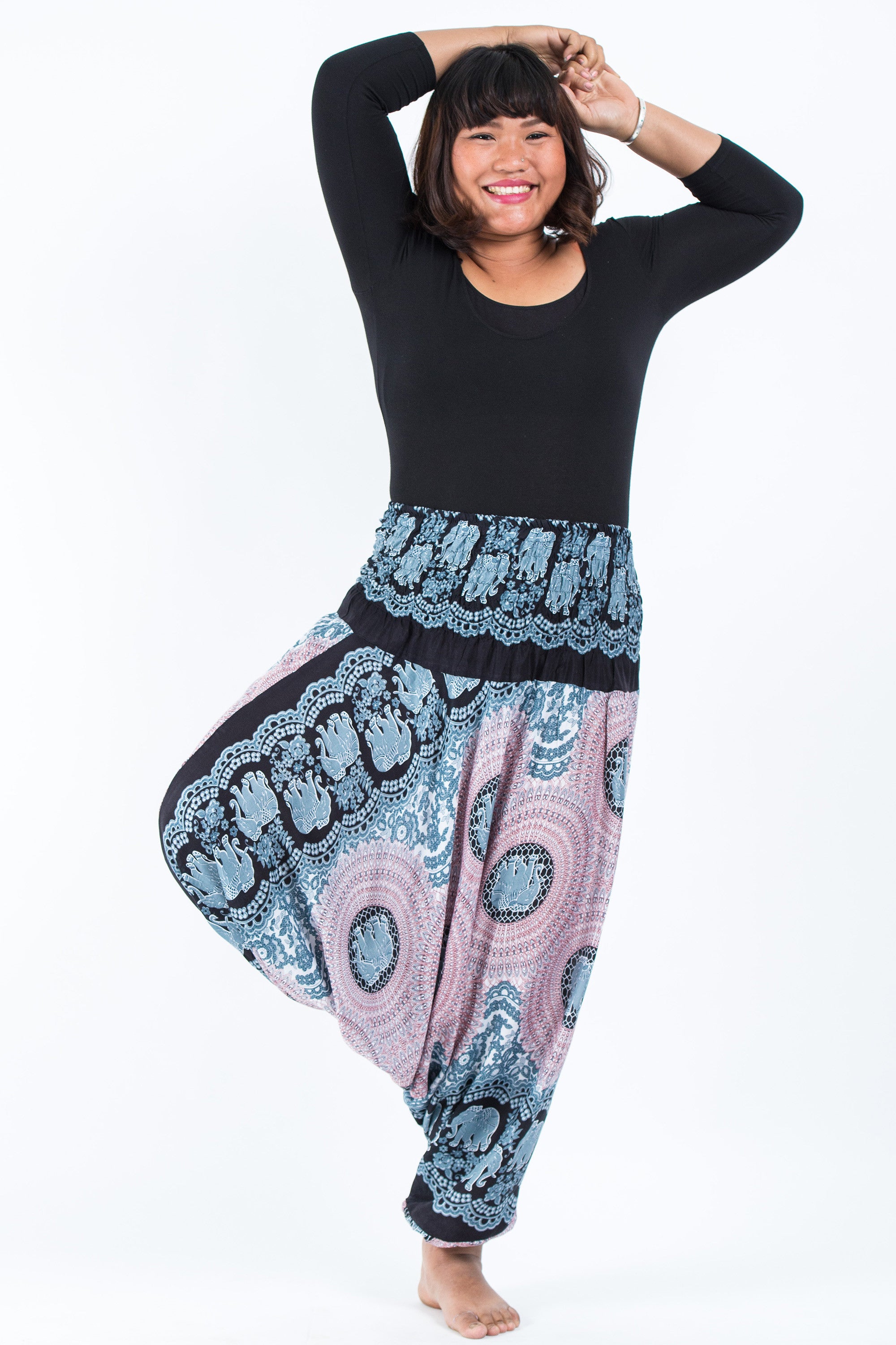 Plus Size Mandala Elephant 2-in-1 Jumpsuit Elephant Pants in Silver Gray