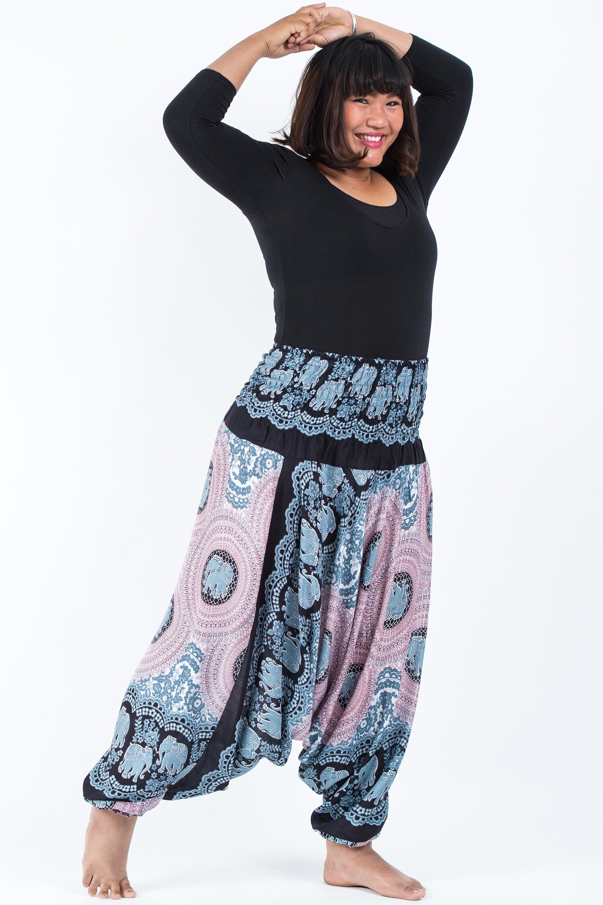 Plus Size Mandala Elephant 2-in-1 Jumpsuit Elephant Pants in Silver Gray