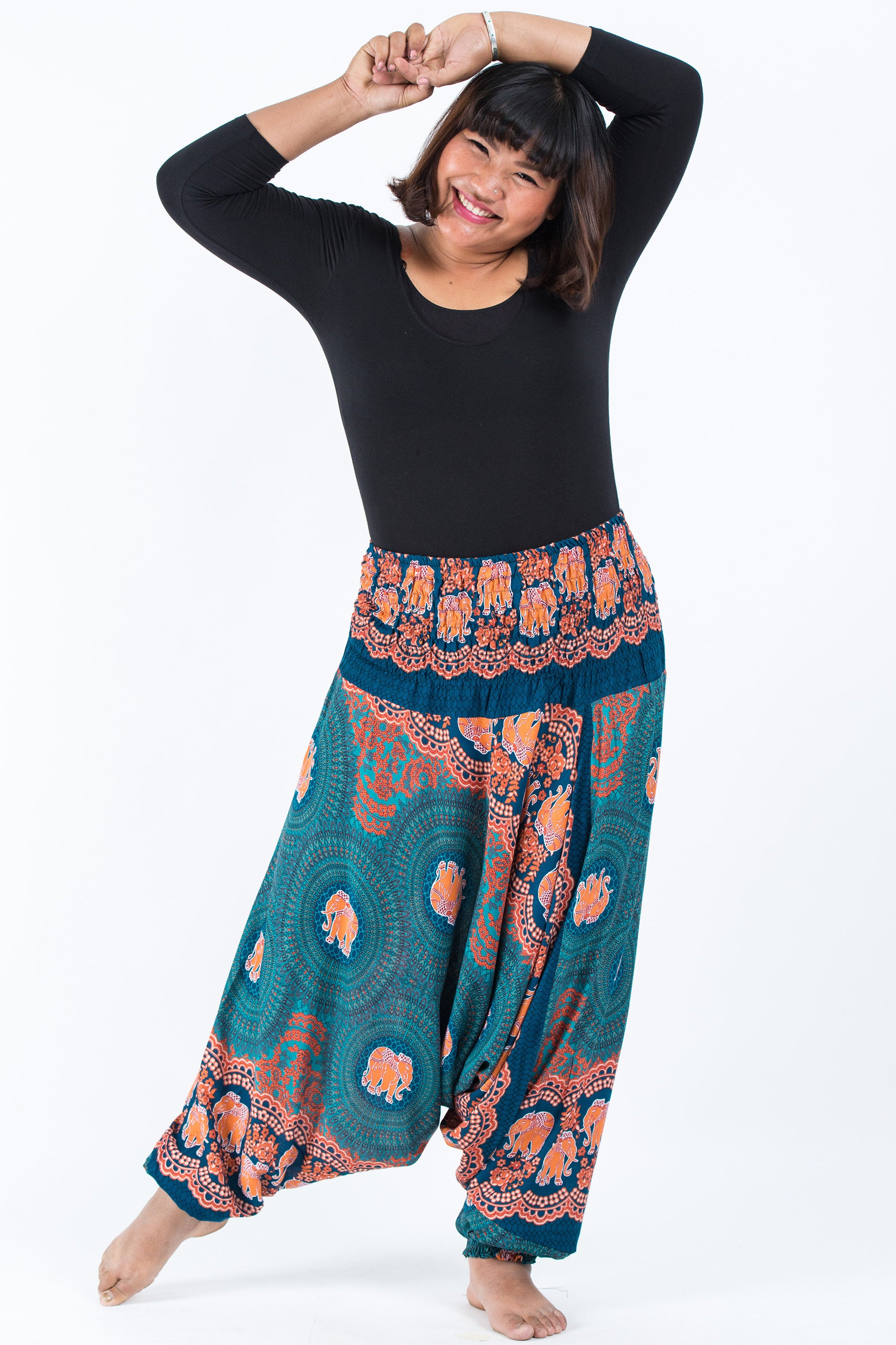 Plus Size Mandala Elephant 2-in-1 Jumpsuit Elephant Pants in Turquoise