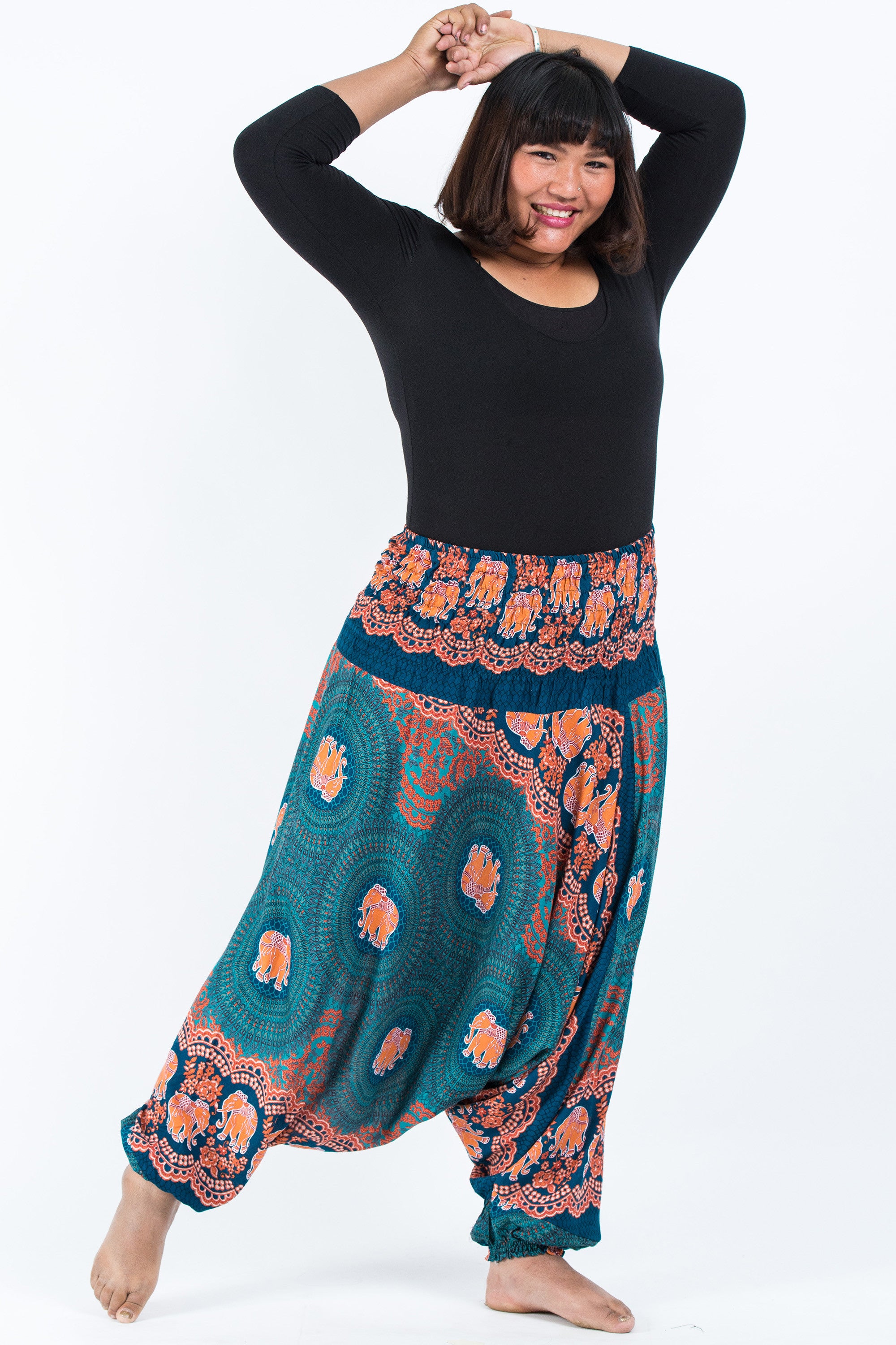 Plus Size Mandala Elephant 2-in-1 Jumpsuit Elephant Pants in Turquoise