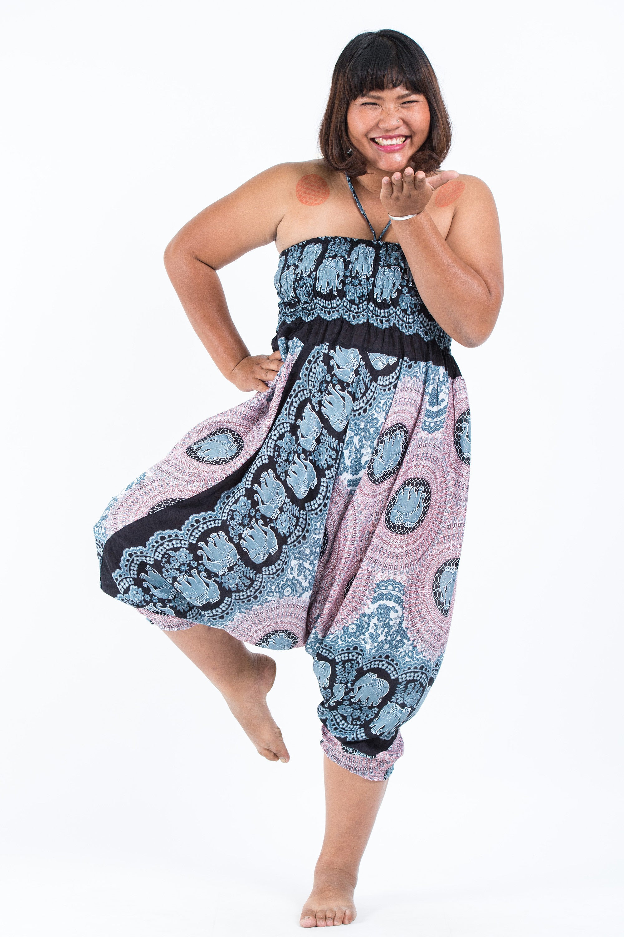 Plus Size Mandala Elephant 2-in-1 Jumpsuit Elephant Pants in Silver Gray