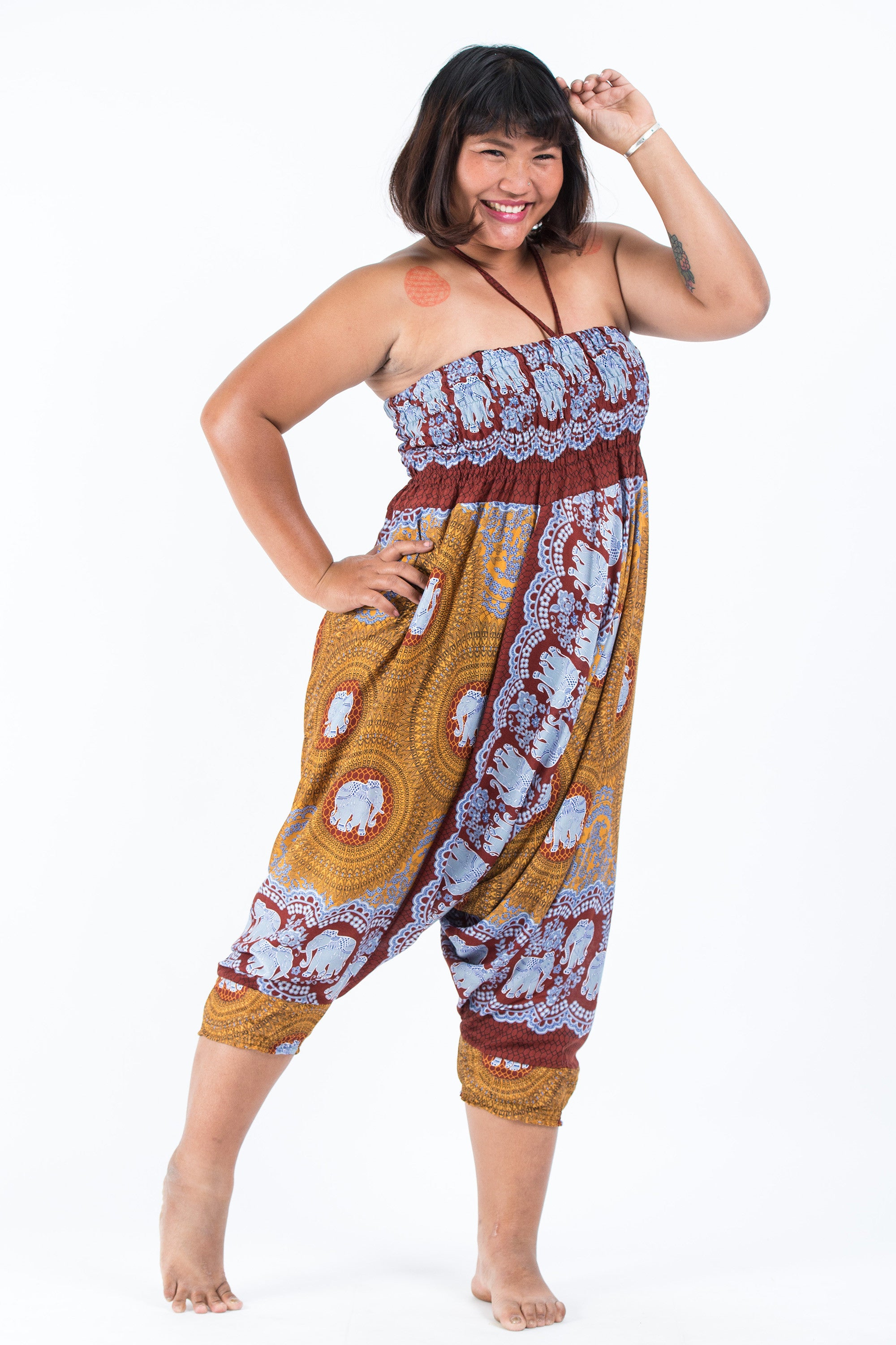 Plus Size Mandala Elephant 2-in-1 Jumpsuit Elephant Pants in Bronze