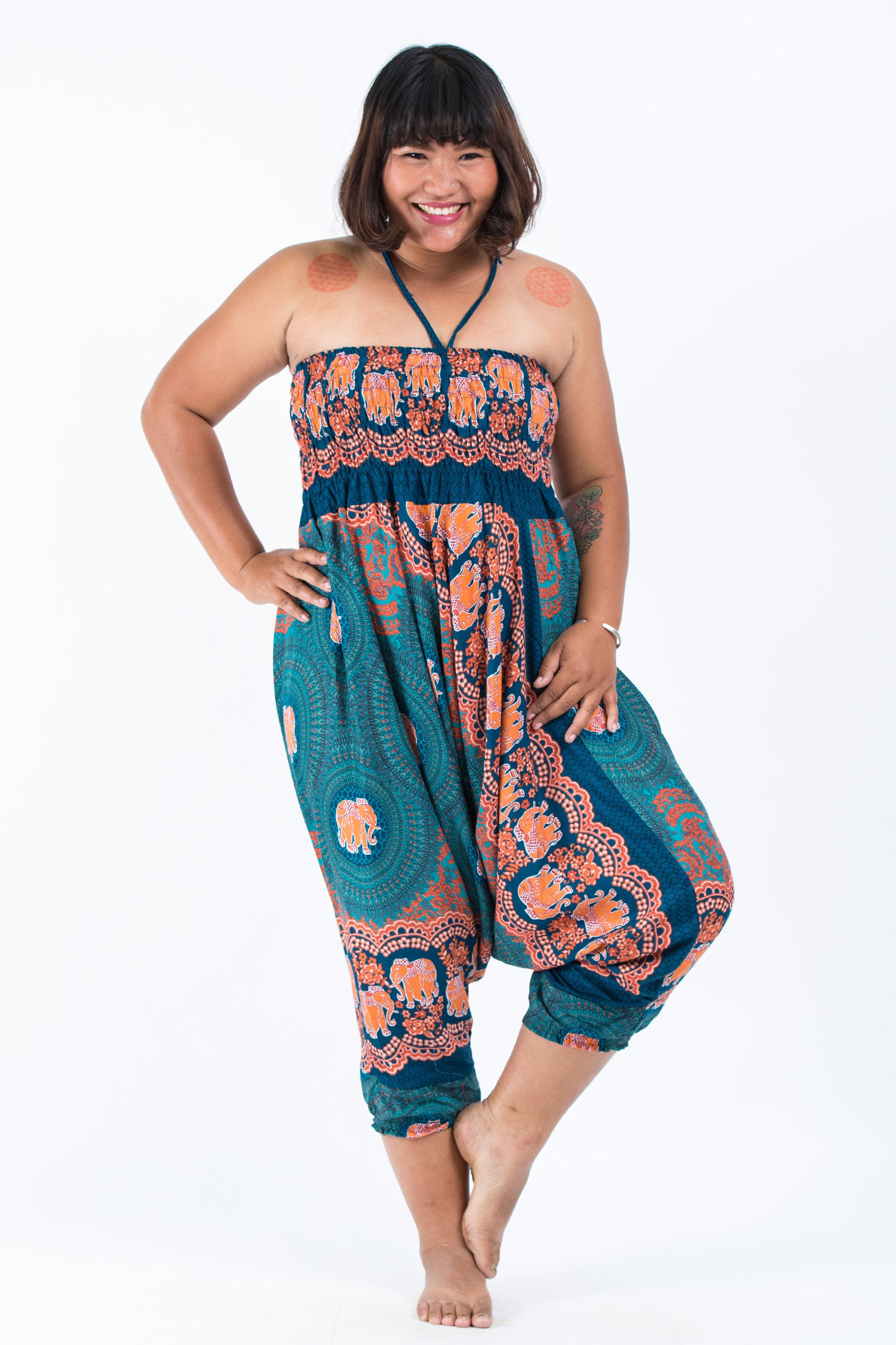 Plus Size Mandala Elephant 2-in-1 Jumpsuit Elephant Pants in Turquoise