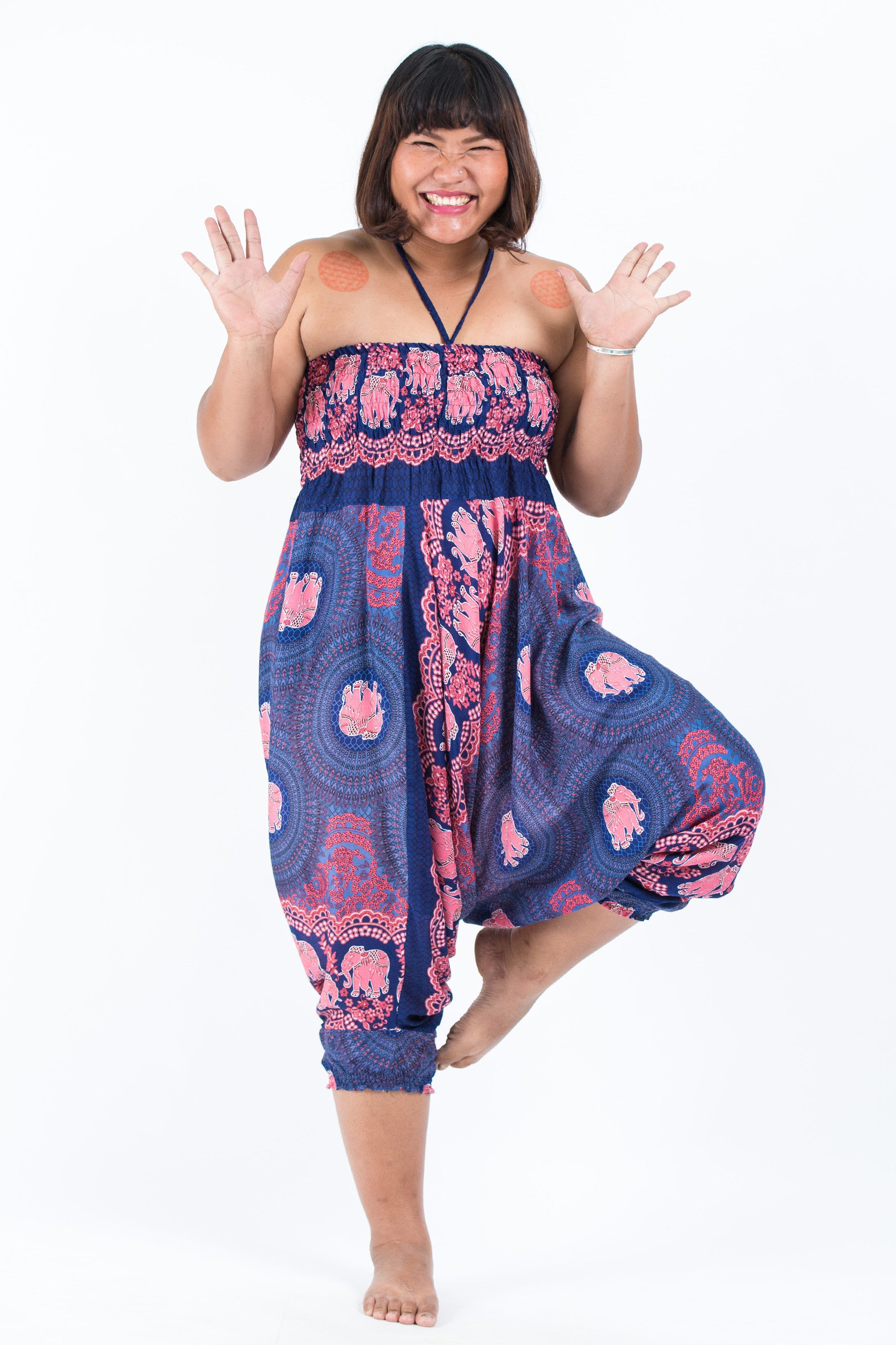 Plus Size Mandala Elephant 2-in-1 Jumpsuit Elephant Pants in Blue