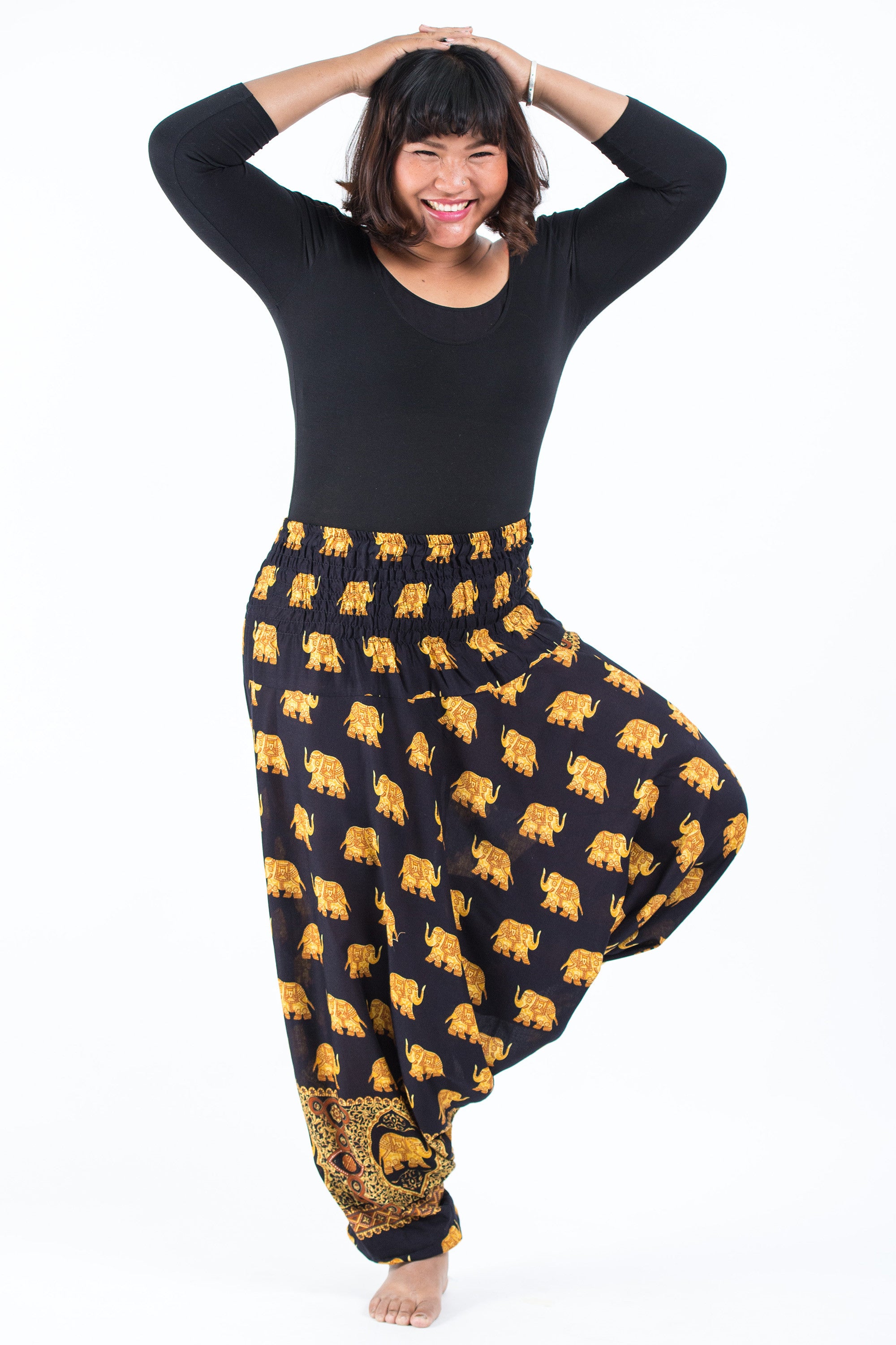 Plus Size Golden Elephant 2-in-1 Jumpsuit Elephant Pants in Black