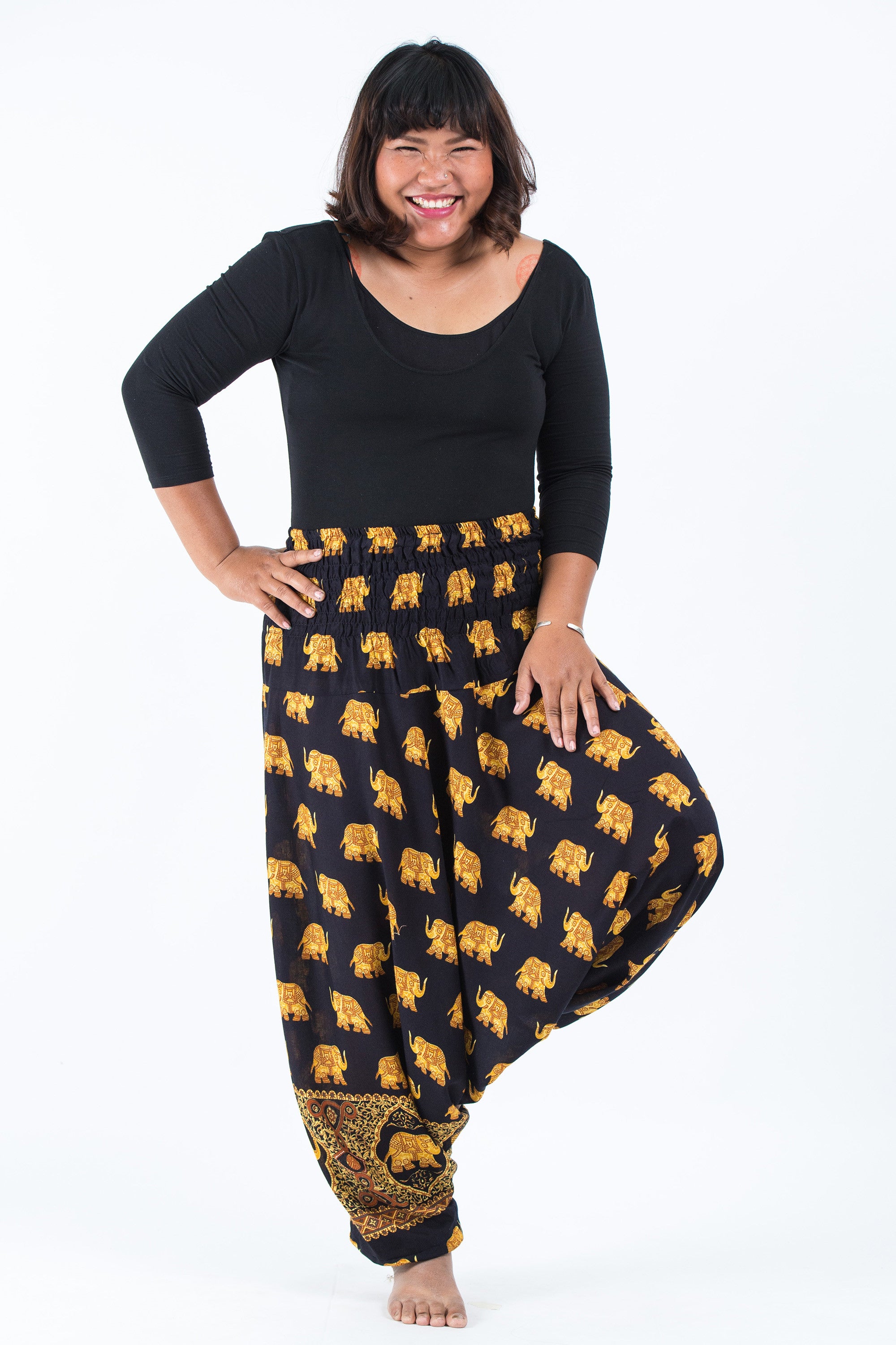 Plus Size Golden Elephant 2-in-1 Jumpsuit Elephant Pants in Black