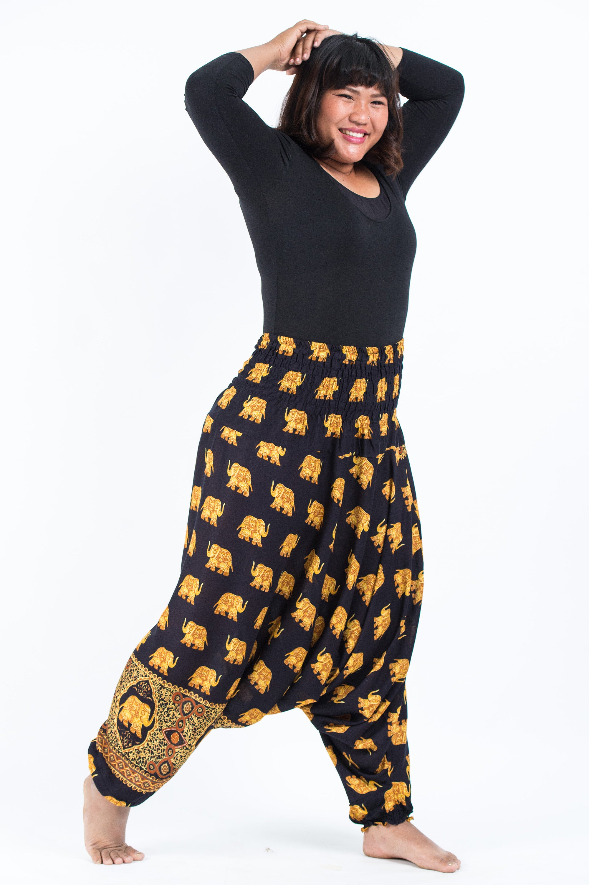 Plus Size Golden Elephant 2-in-1 Jumpsuit Elephant Pants in Black