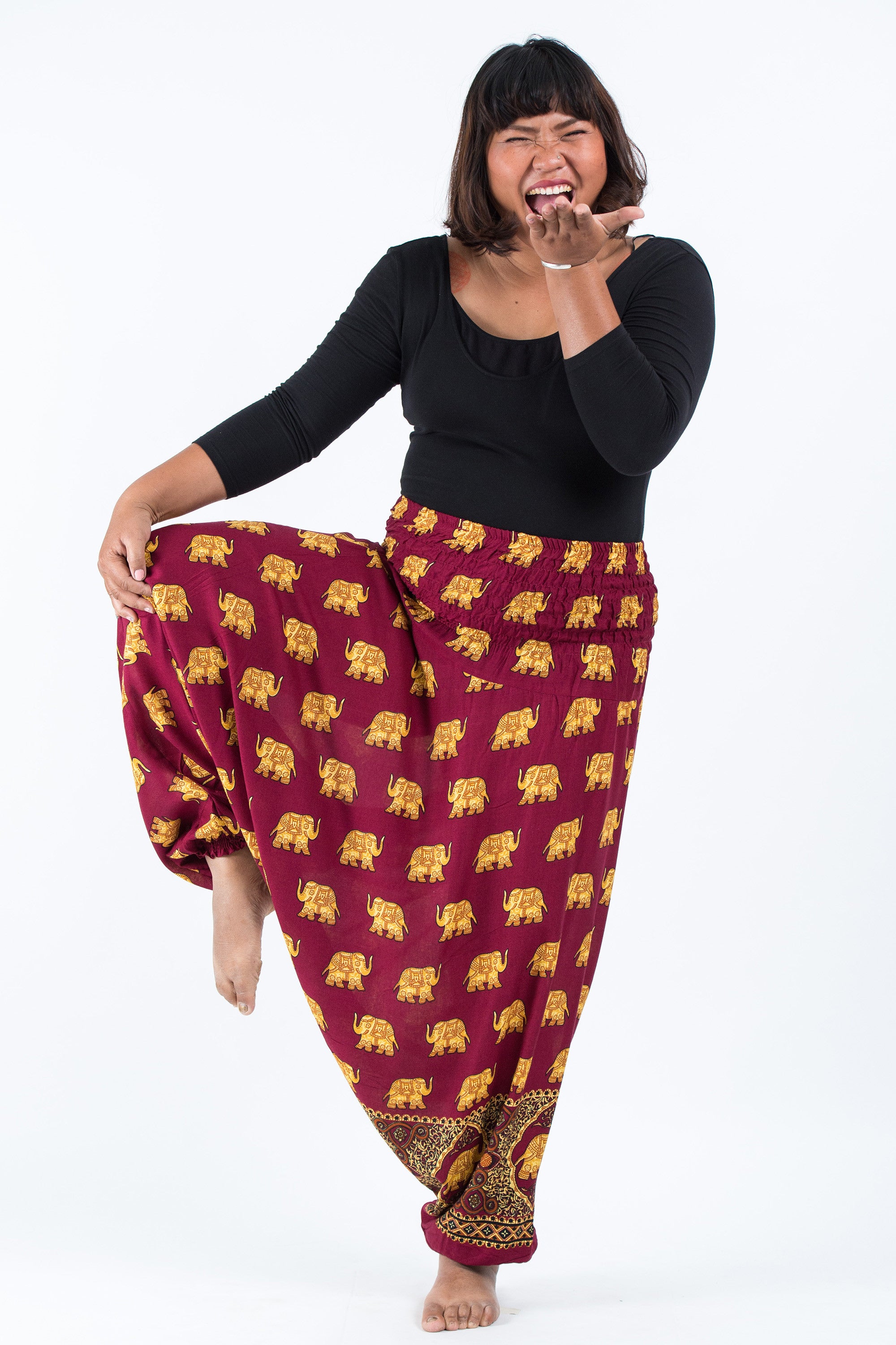 Plus Size Golden Elephant 2-in-1 Jumpsuit Elephant Pants in Maroon