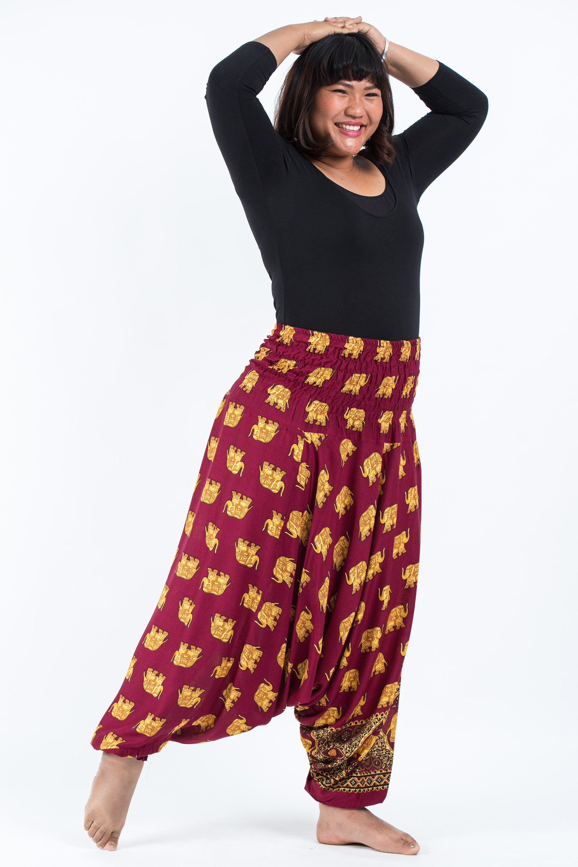 Plus Size Golden Elephant 2-in-1 Jumpsuit Elephant Pants in Maroon