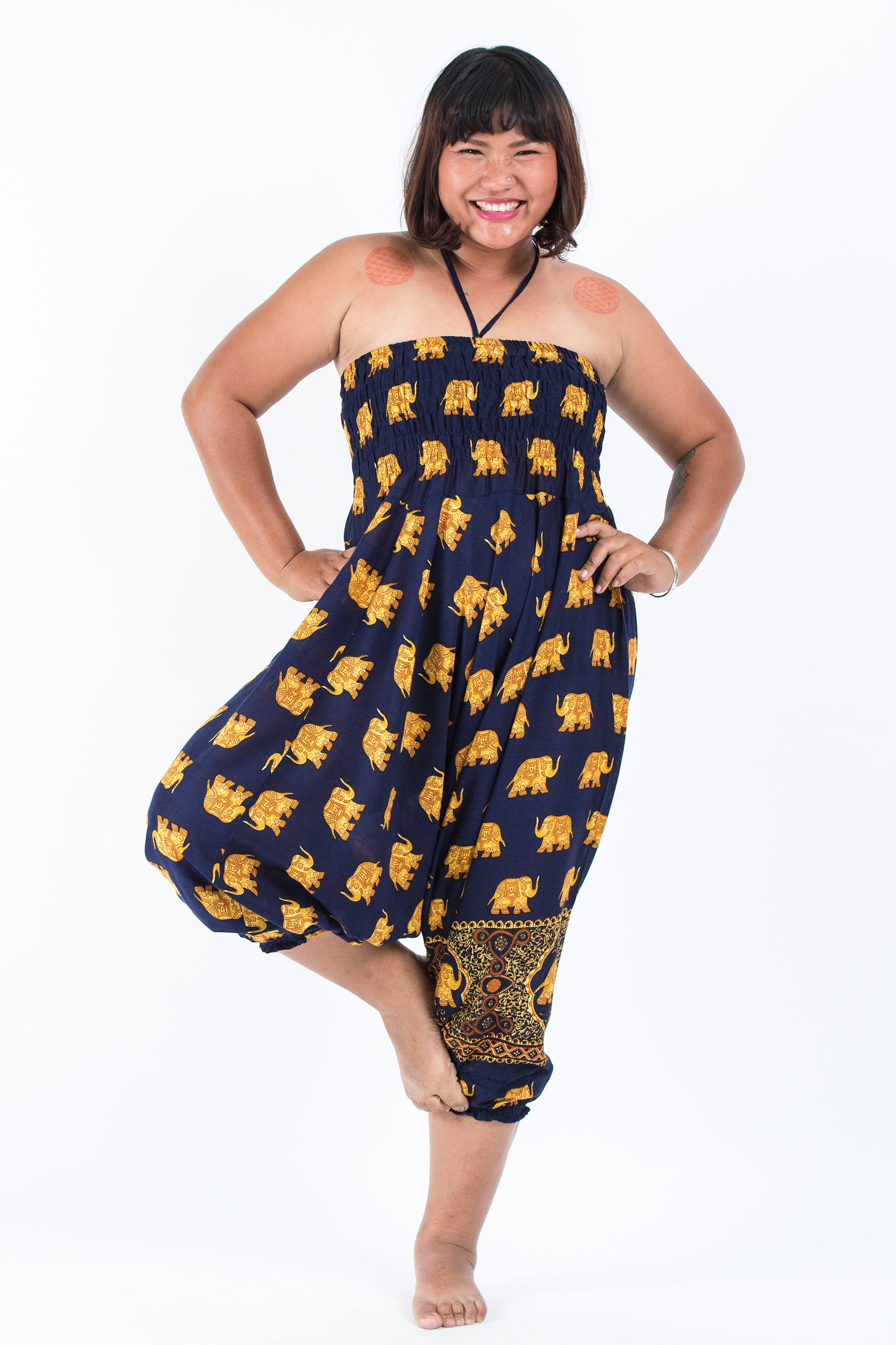 Plus Size Golden Elephant 2-in-1 Jumpsuit Elephant Pants in Navy