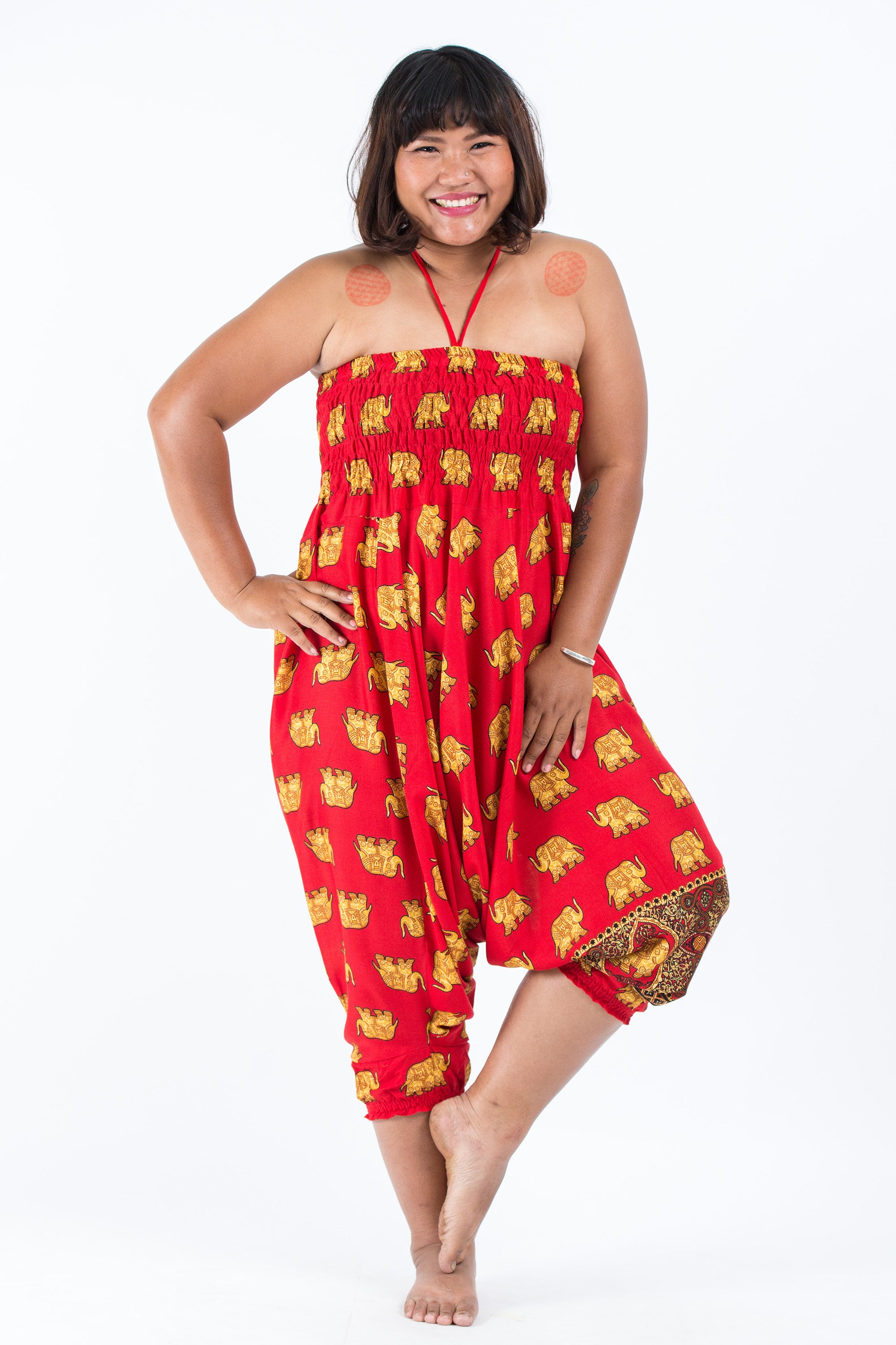 Plus Size Golden Elephant 2-in-1 Jumpsuit Elephant Pants in Red