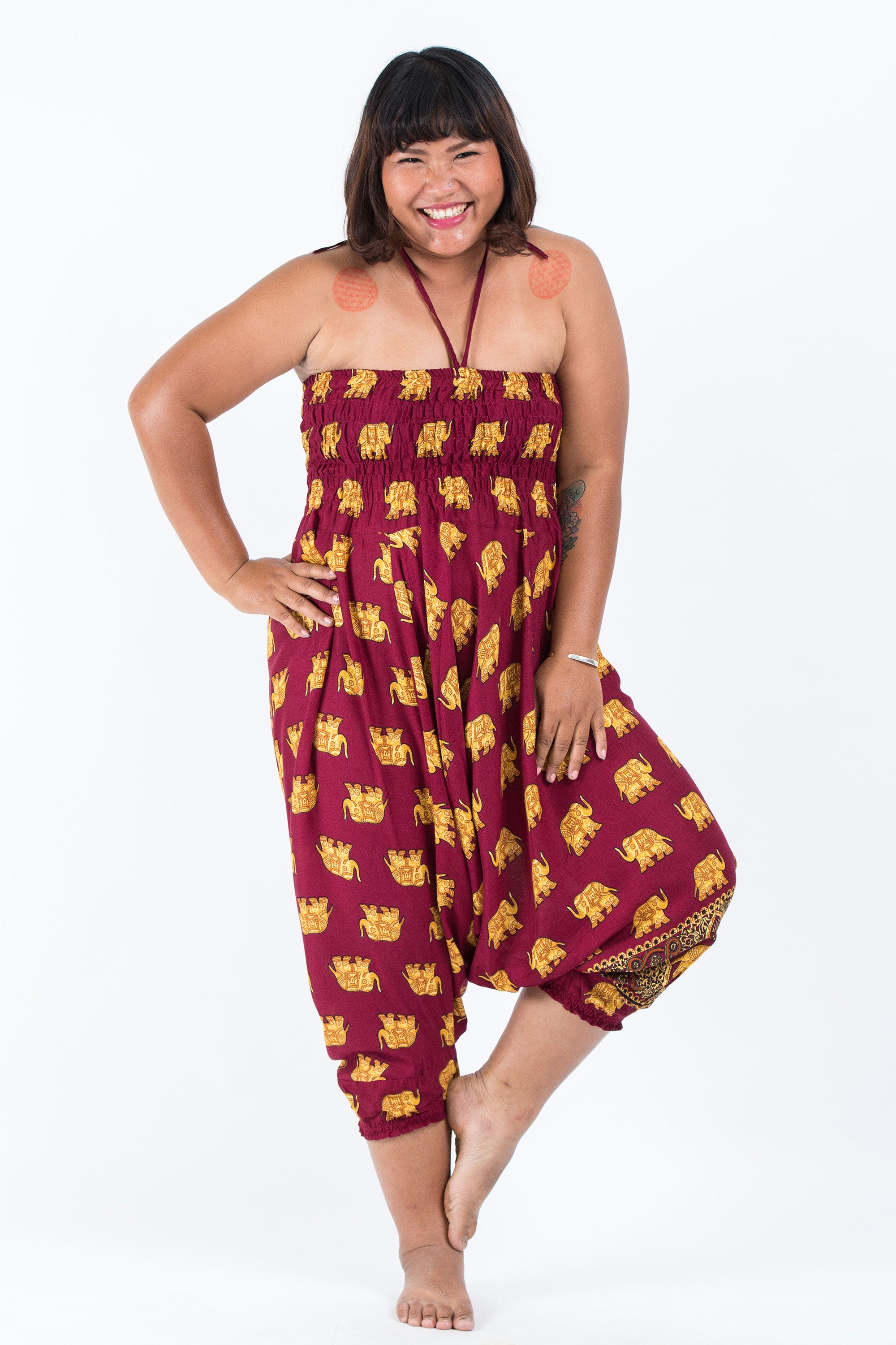 Plus Size Golden Elephant 2-in-1 Jumpsuit Elephant Pants in Maroon
