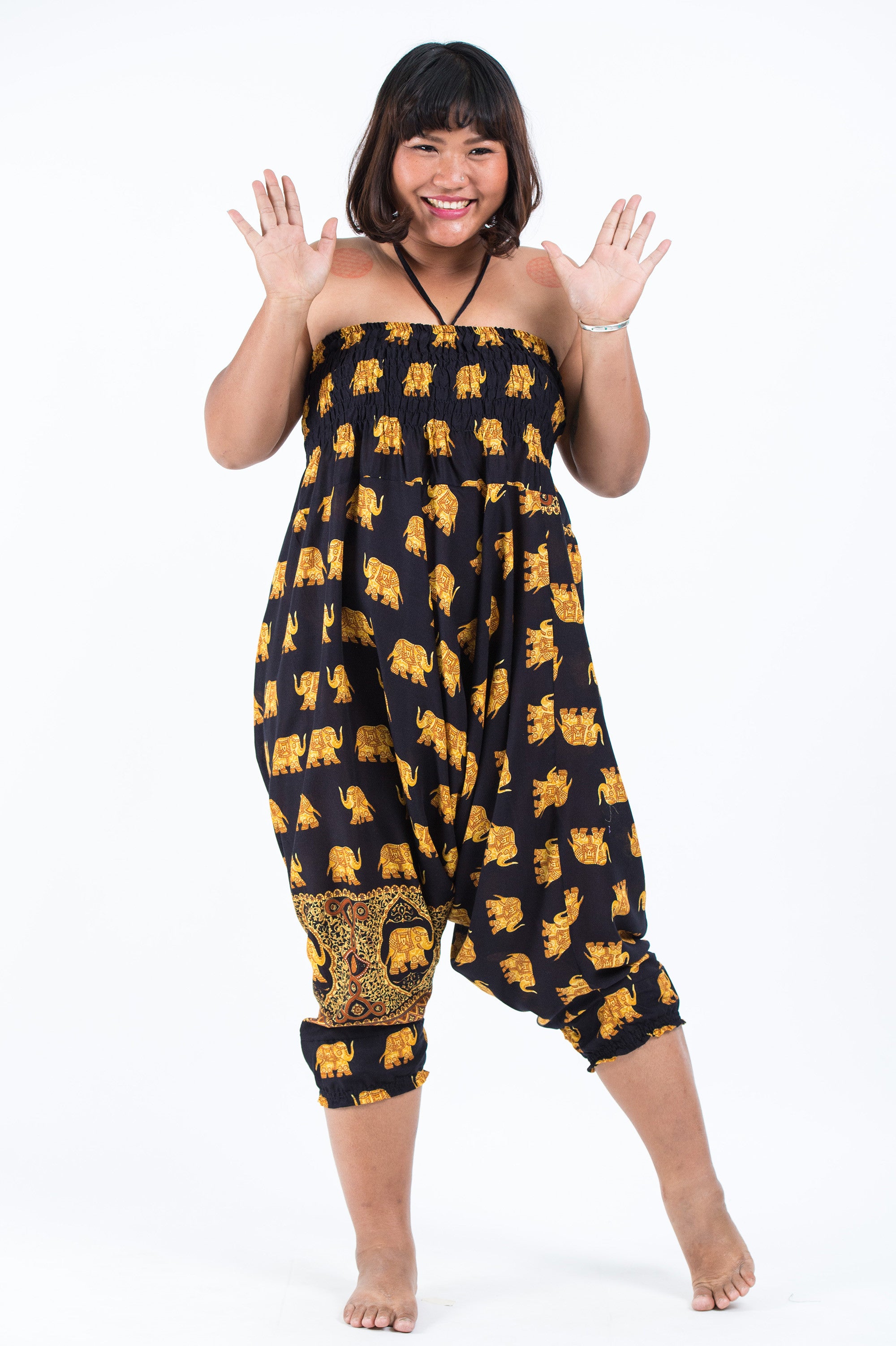 Plus Size Golden Elephant 2-in-1 Jumpsuit Elephant Pants in Black