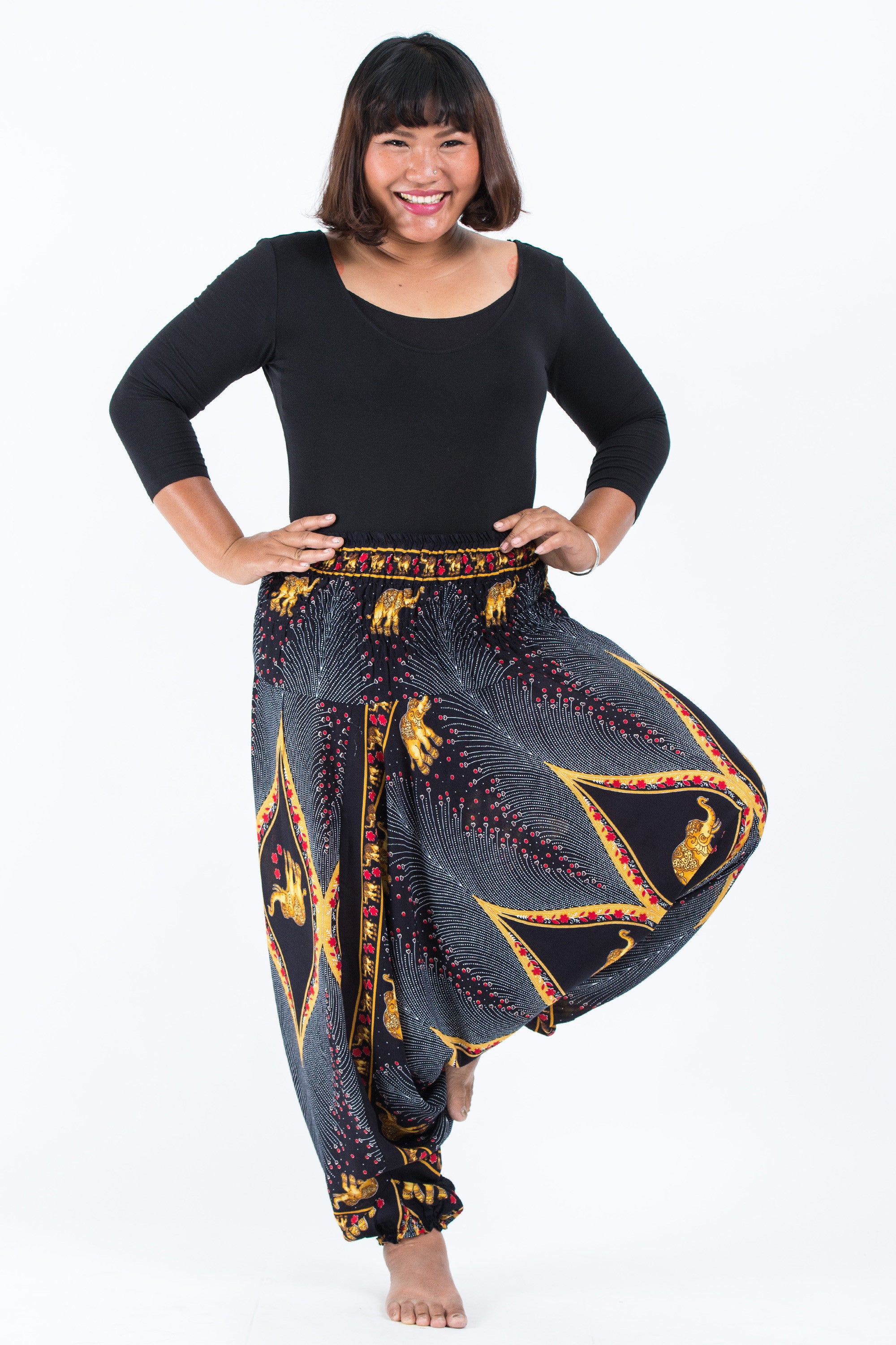Plus Size Peacock Elephant 2-in-1 Jumpsuit Elephant Pants in Black