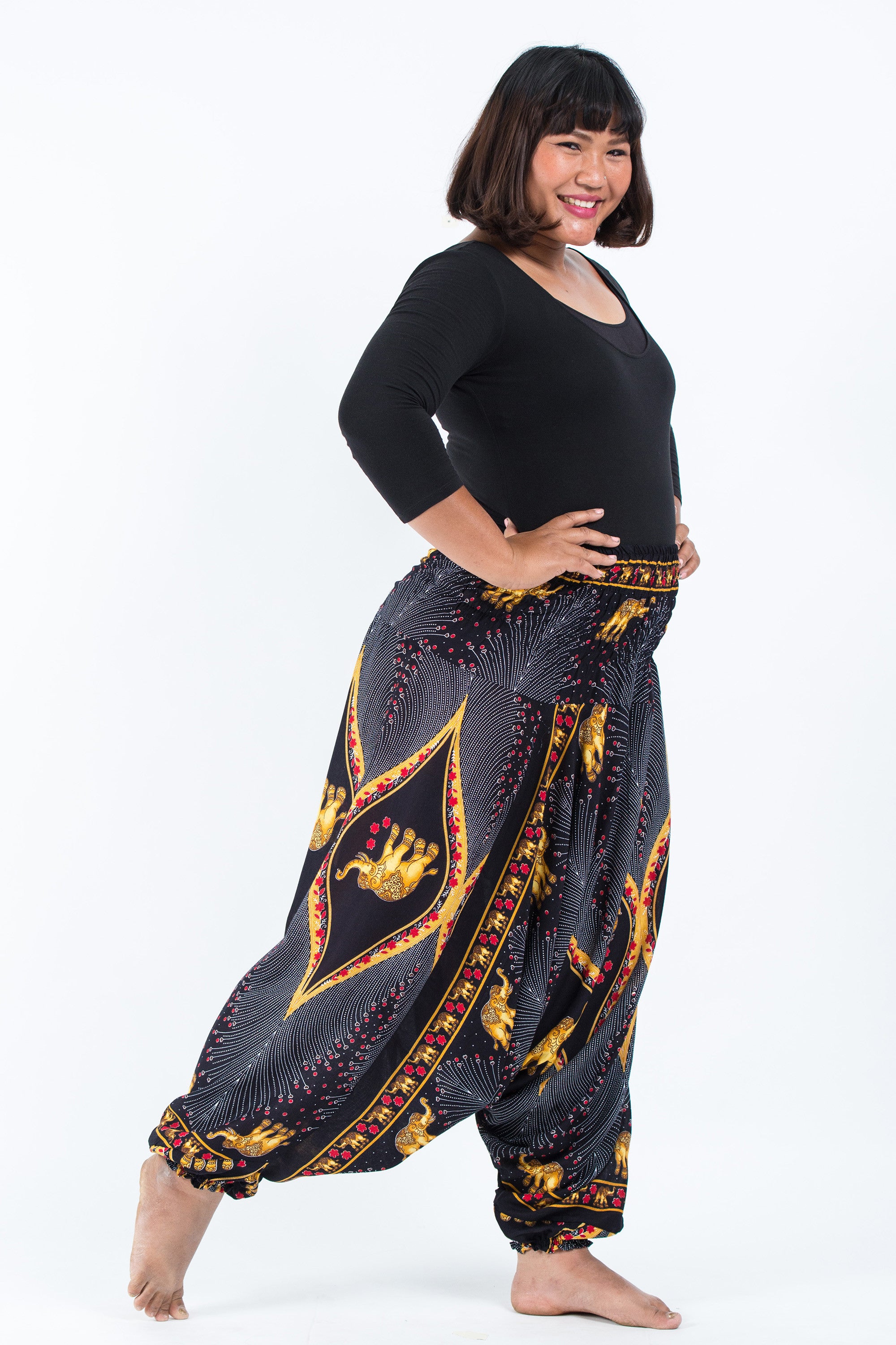 Plus Size Peacock Elephant 2-in-1 Jumpsuit Elephant Pants in Black