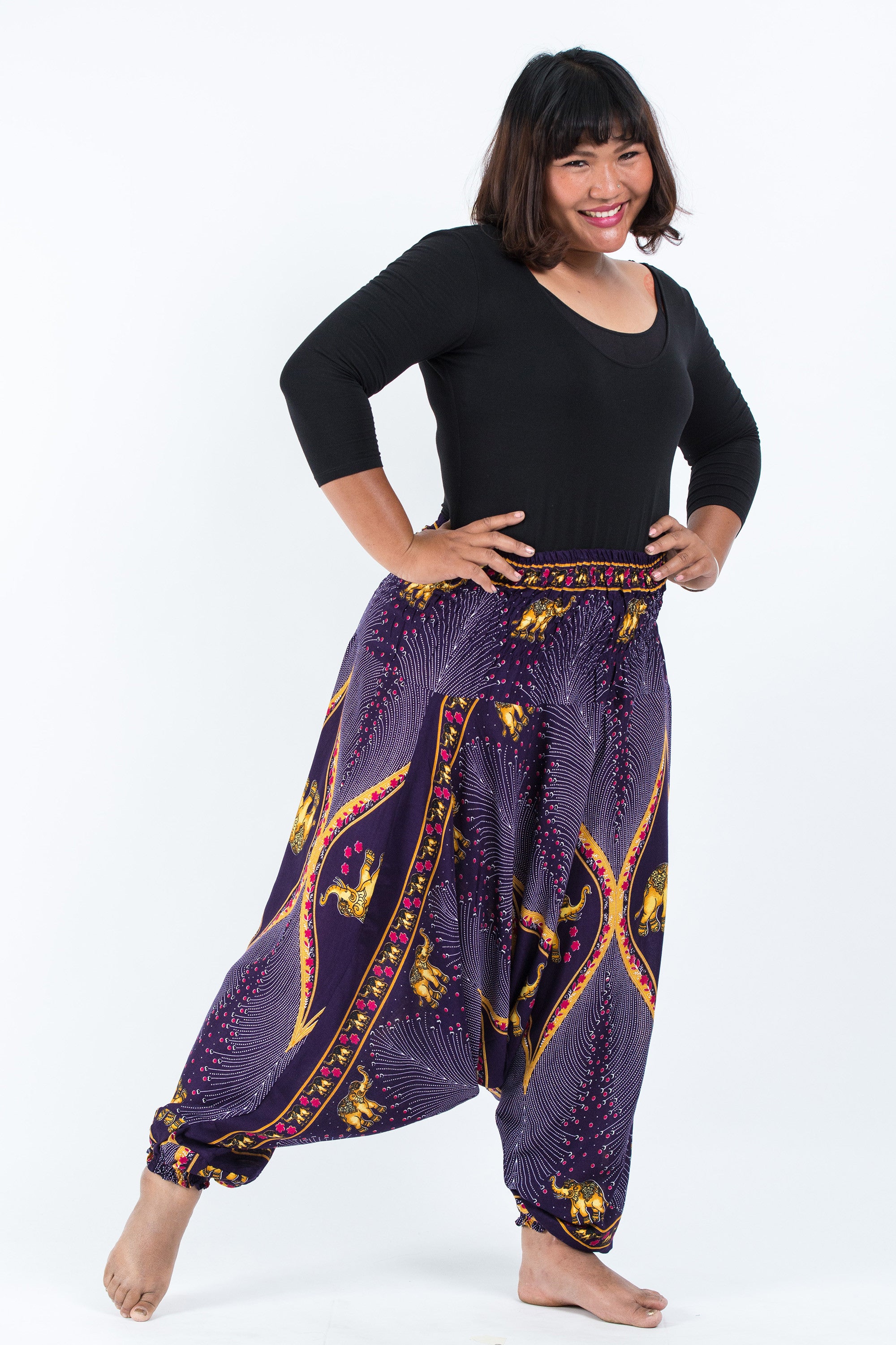 Plus Size Peacock Elephant 2-in-1 Jumpsuit Elephant Pants in Purple