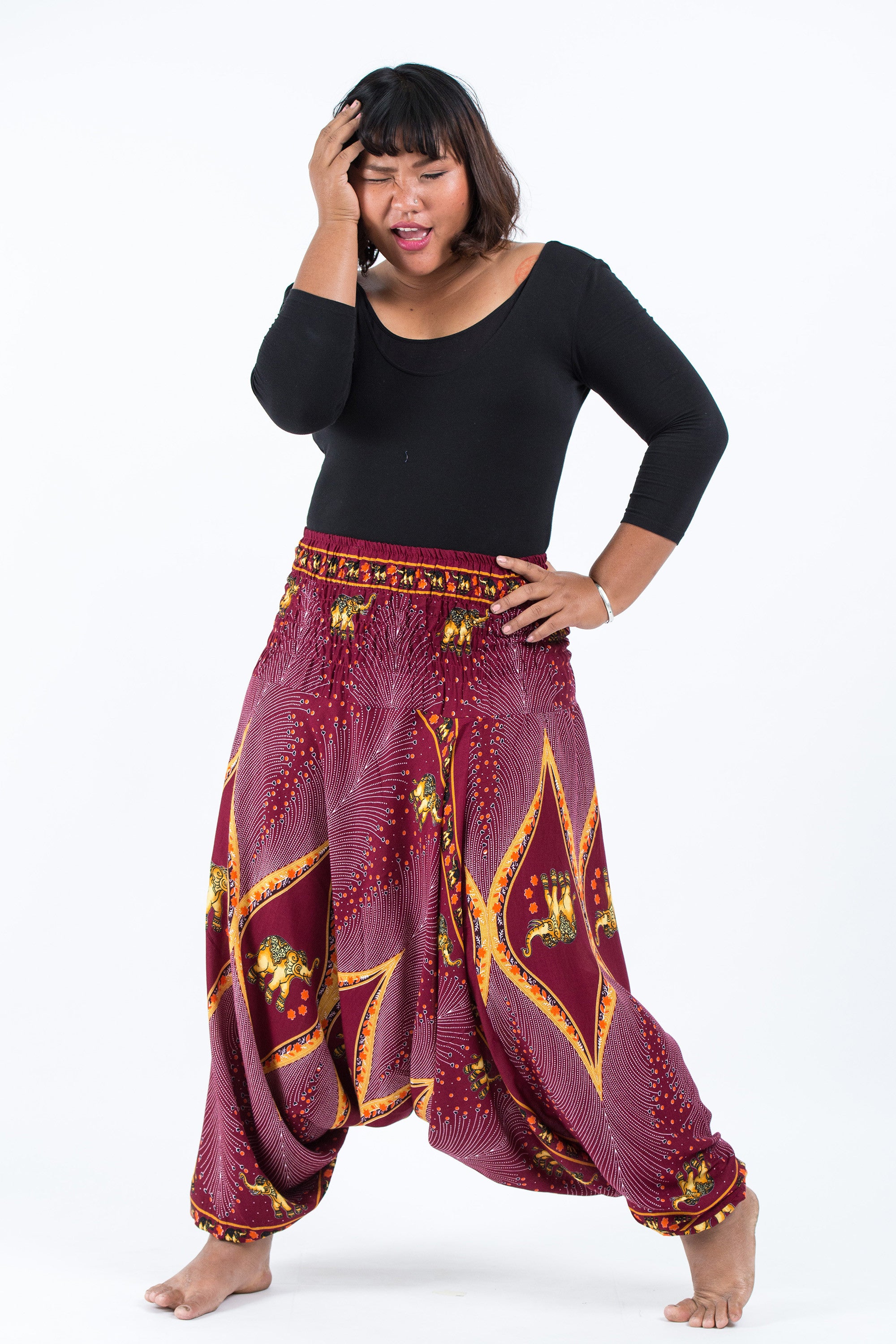 Plus Size Peacock Elephant 2-in-1 Jumpsuit Elephant Pants in Red