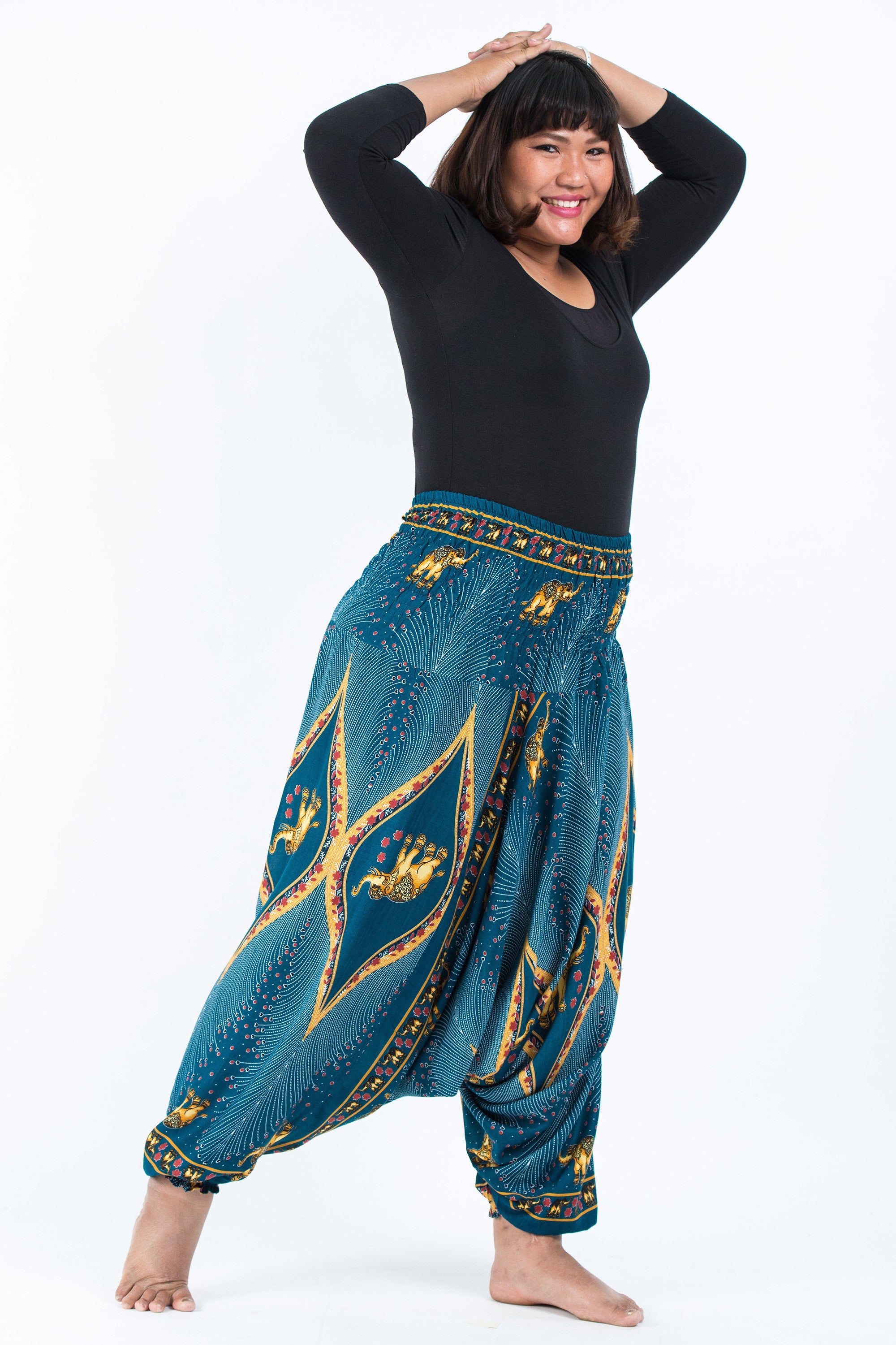 Plus Size Peacock Elephant 2-in-1 Jumpsuit Elephant Pants in Turquoise