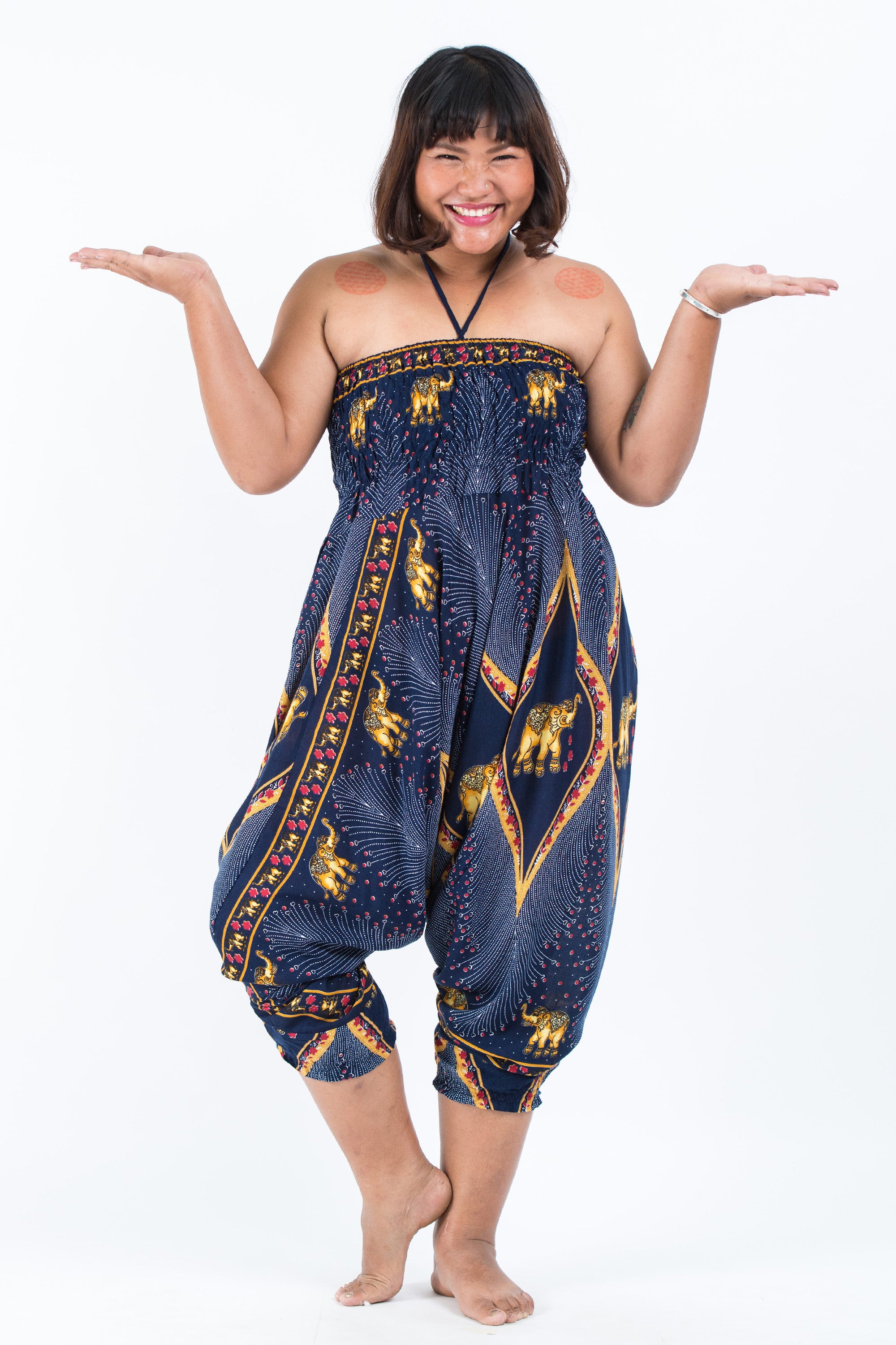 Plus Size Peacock Elephant 2-in-1 Jumpsuit Elephant Pants in Blue