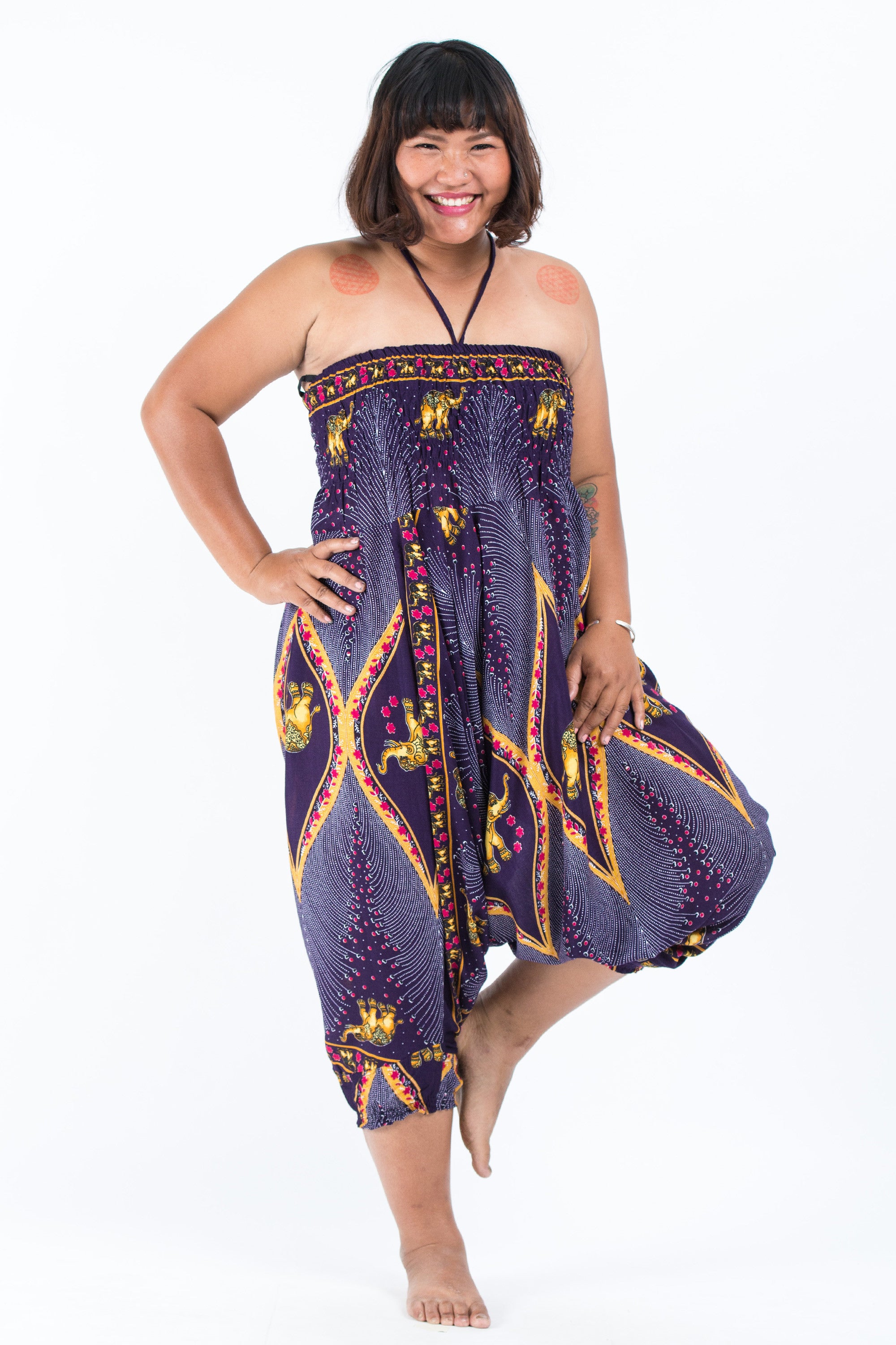 Plus Size Peacock Elephant 2-in-1 Jumpsuit Elephant Pants in Purple