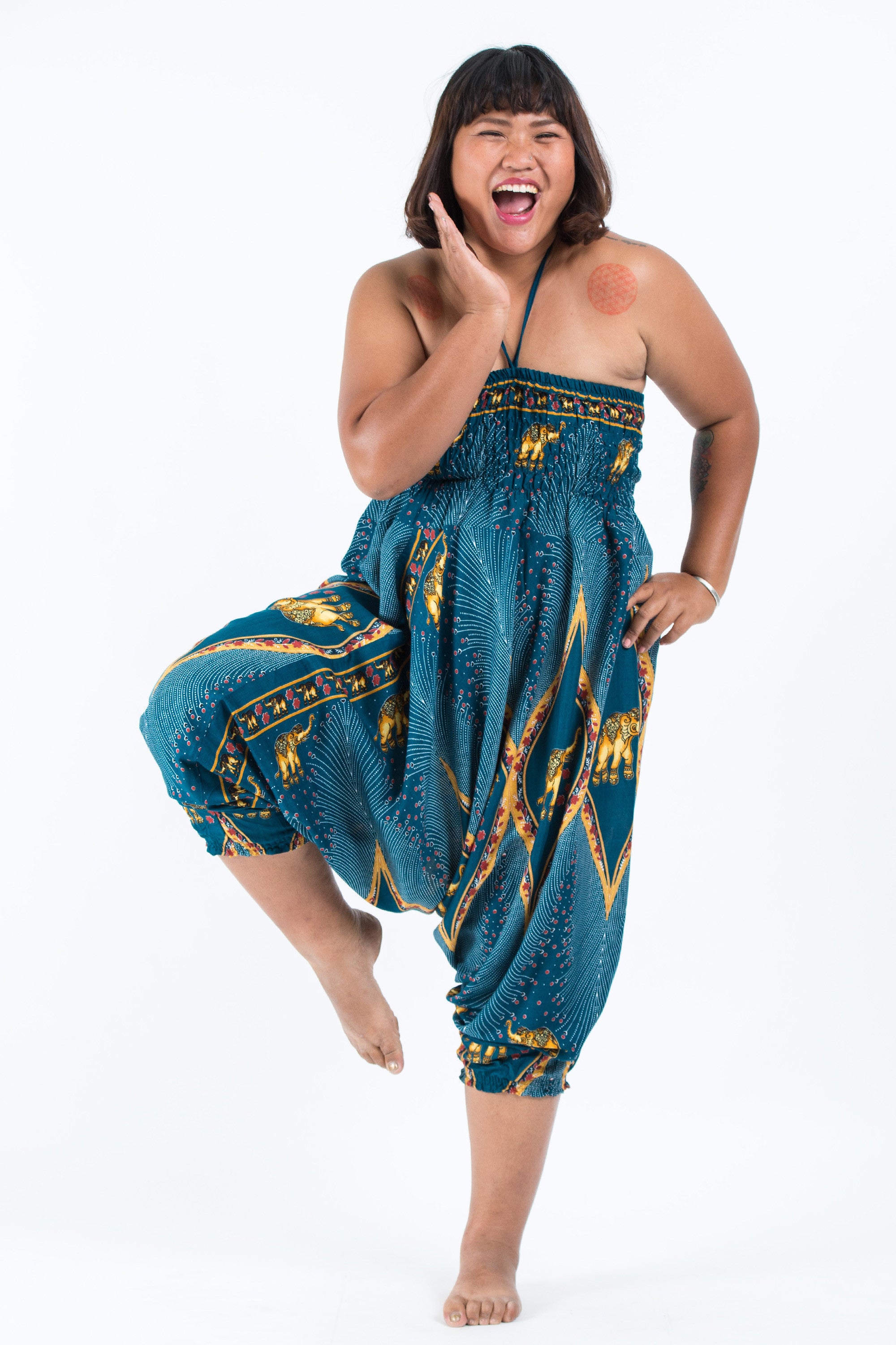 Plus Size Peacock Elephant 2-in-1 Jumpsuit Elephant Pants in Turquoise