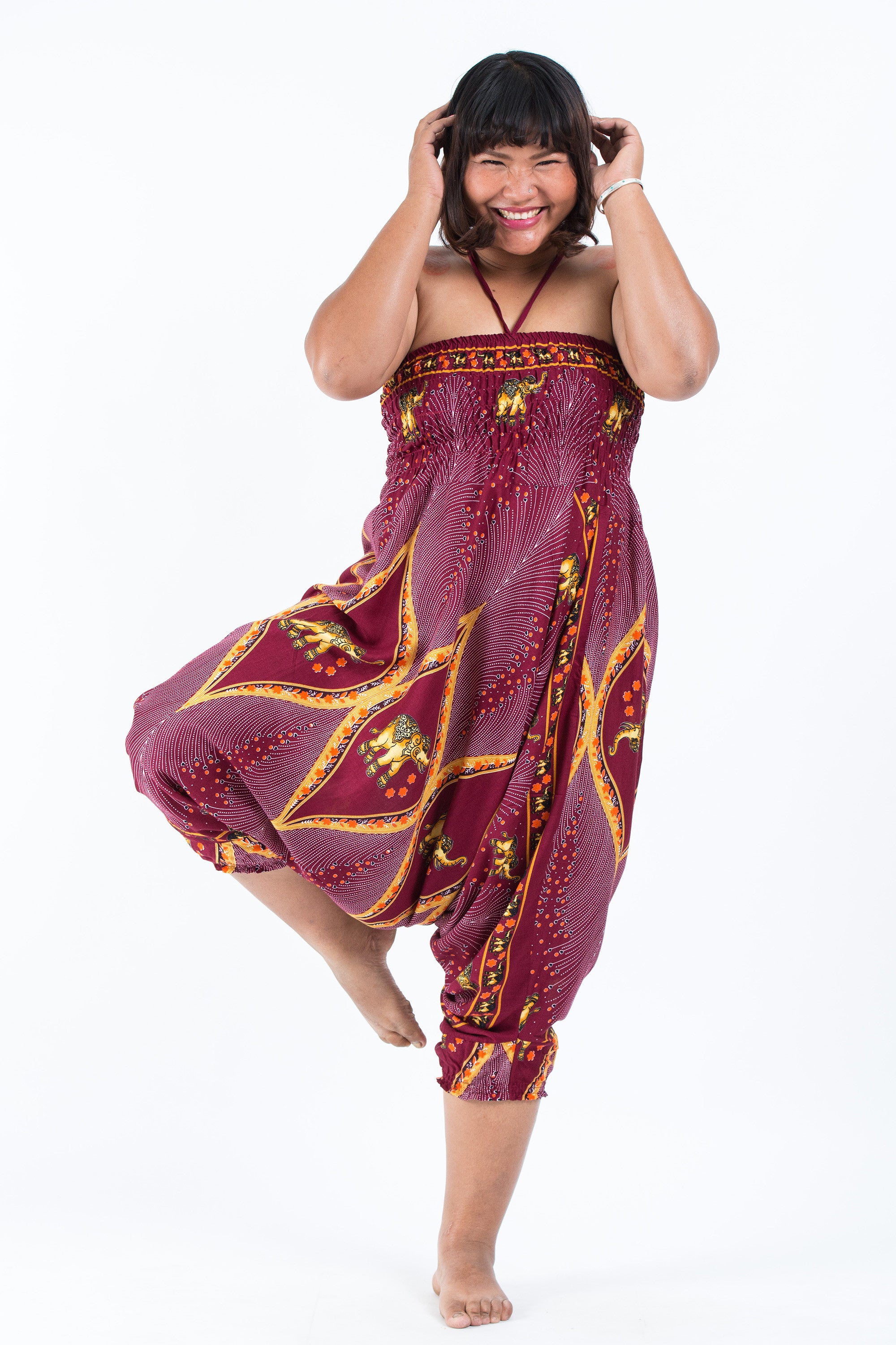 Plus Size Peacock Elephant 2-in-1 Jumpsuit Elephant Pants in Red
