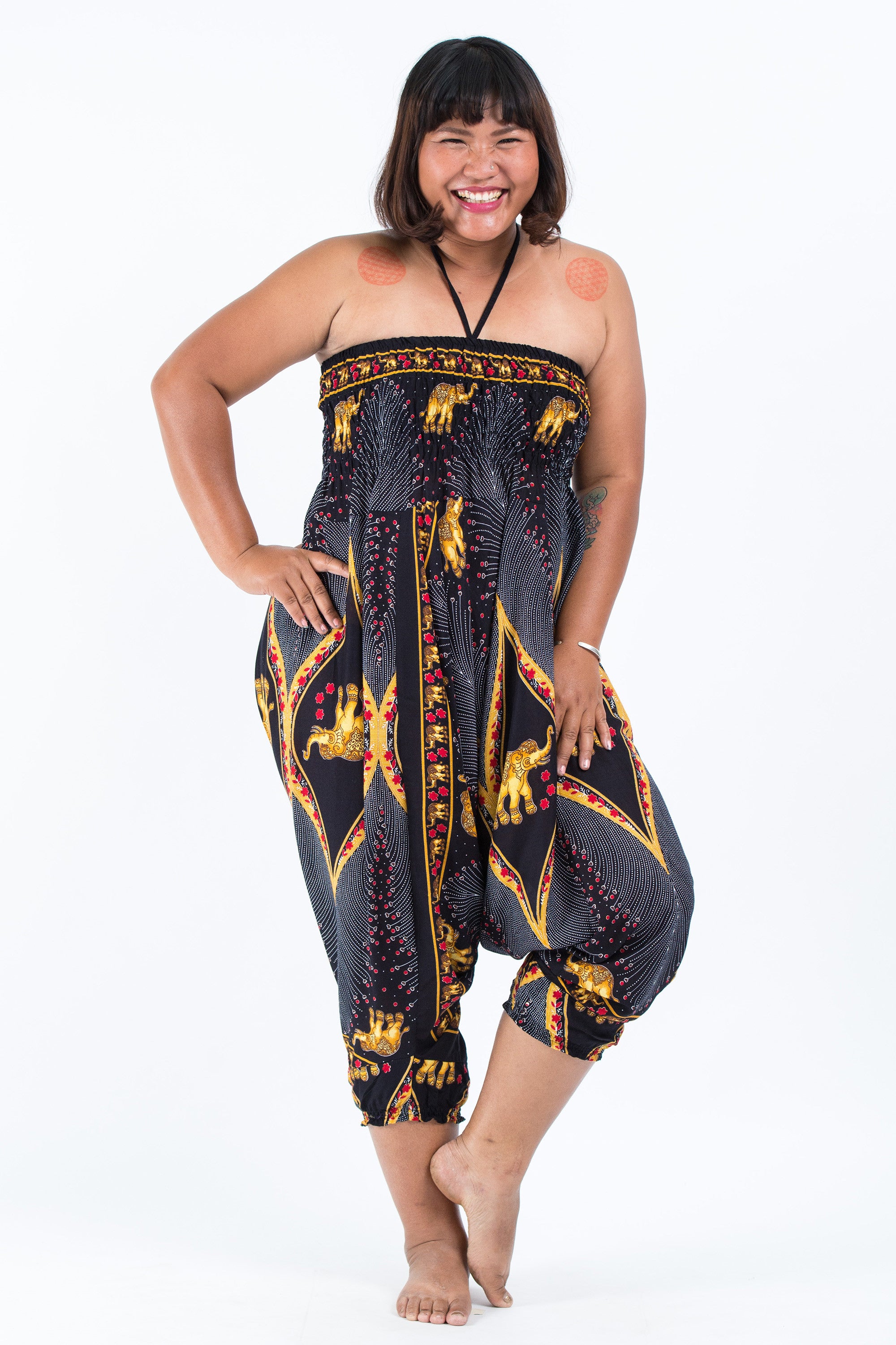 Plus Size Peacock Elephant 2-in-1 Jumpsuit Elephant Pants in Black