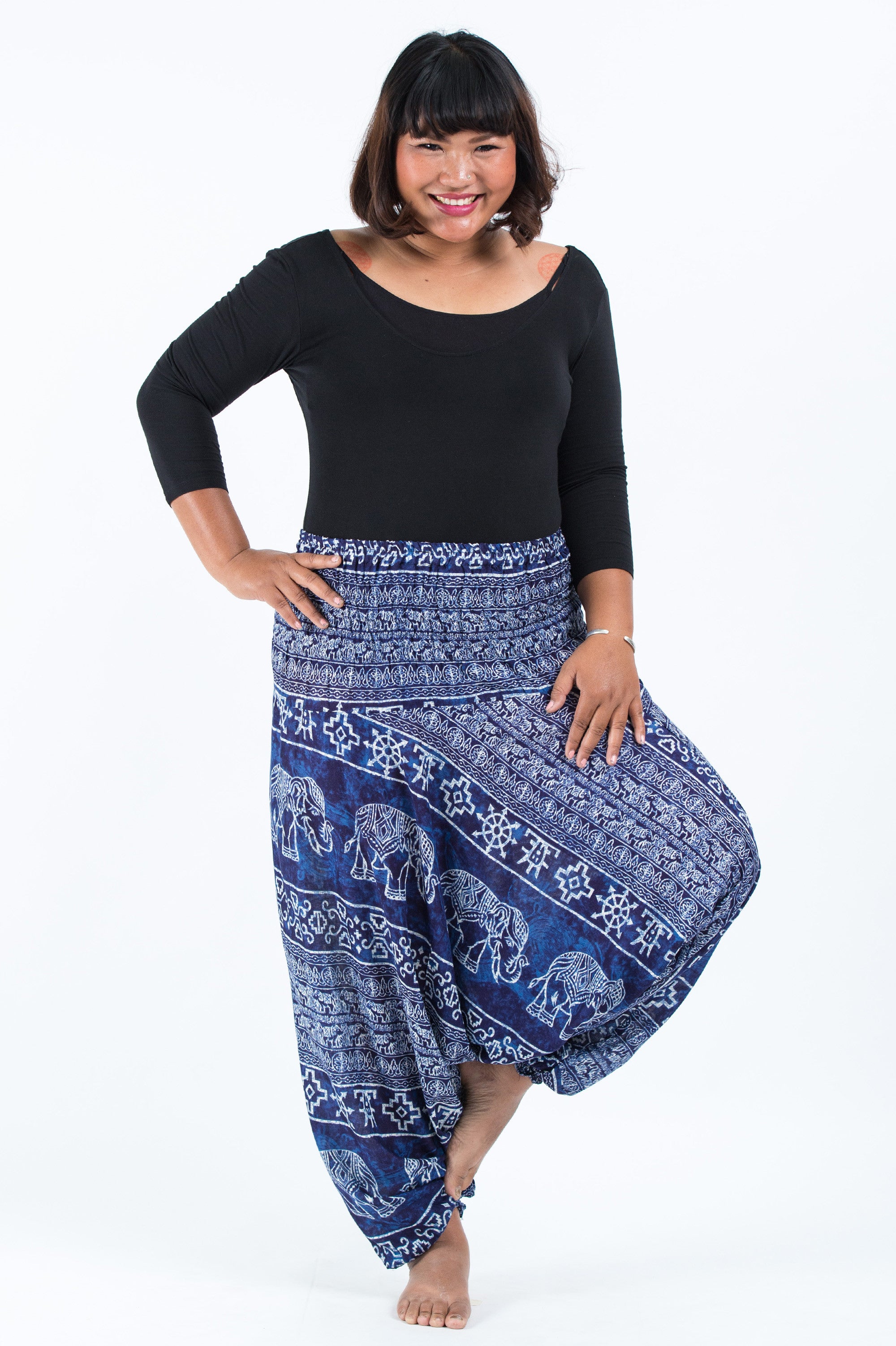 Plus Size Marble Elephant 2-in-1 Jumpsuit Elephant Pants in Blue