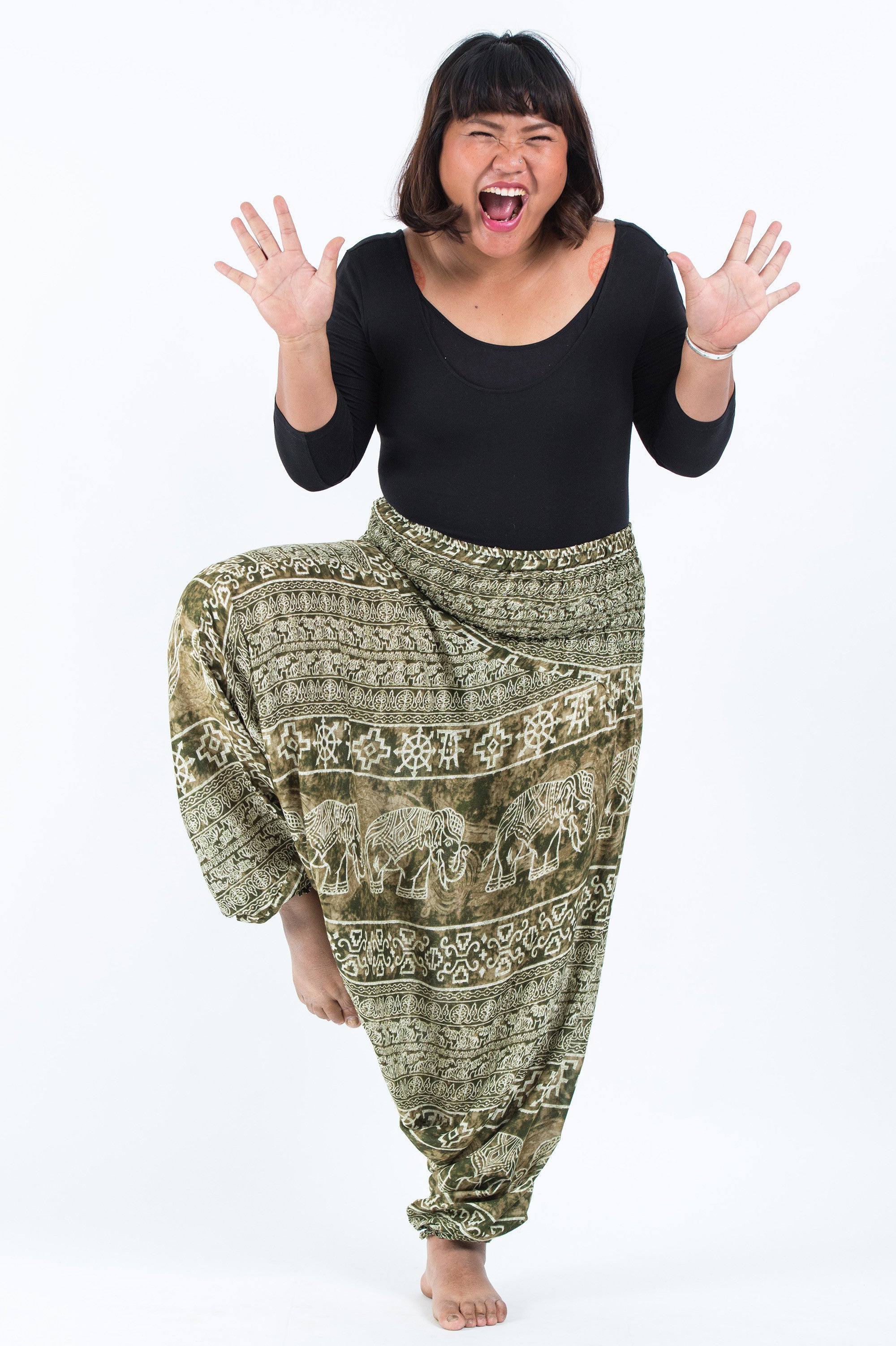 Plus Size Marble Elephant 2-in-1 Jumpsuit Elephant Pants in Olive
