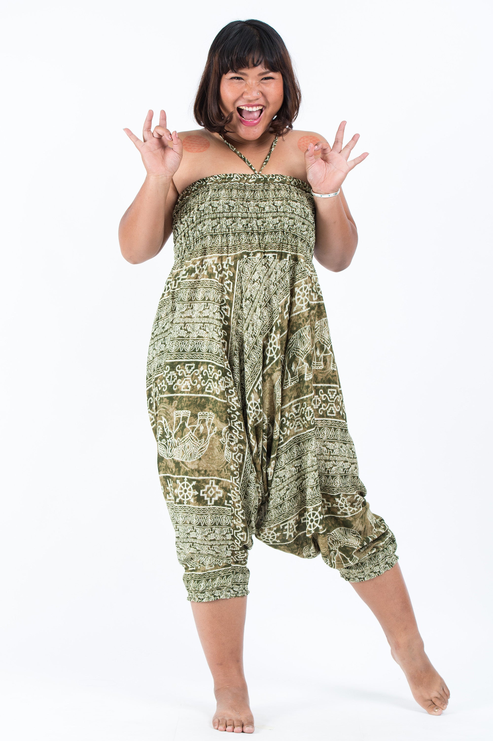 Plus Size Marble Elephant 2-in-1 Jumpsuit Elephant Pants in Olive