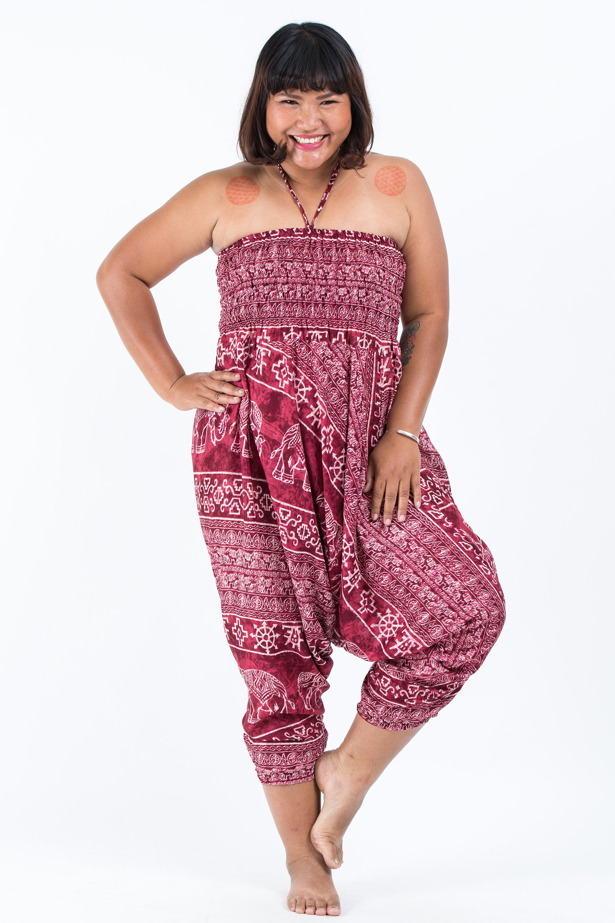 Plus Size Marble Elephant 2-in-1 Jumpsuit Elephant Pants in Red