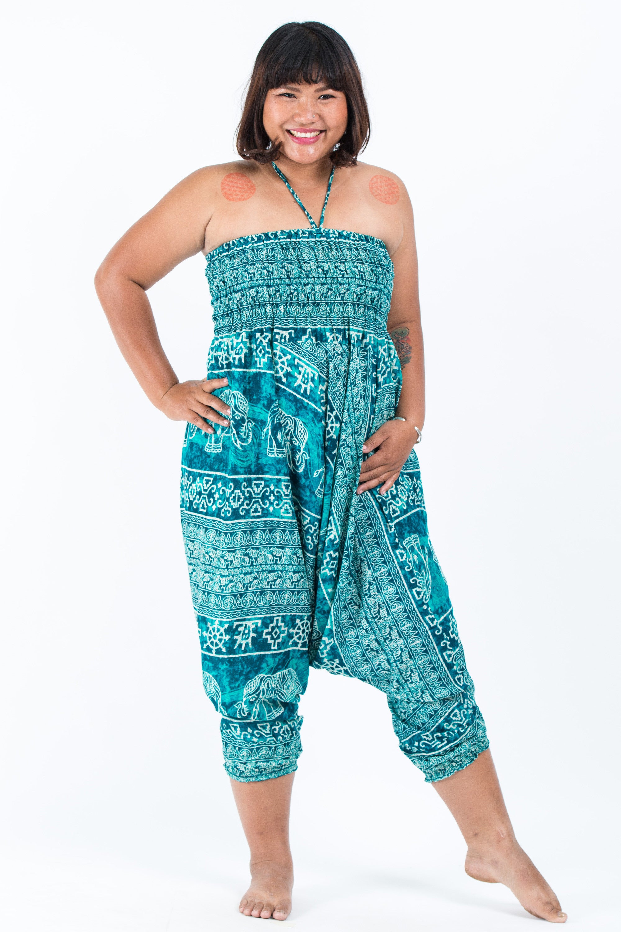 Plus Size Marble Elephant 2-in-1 Jumpsuit Elephant Pants in Turquoise