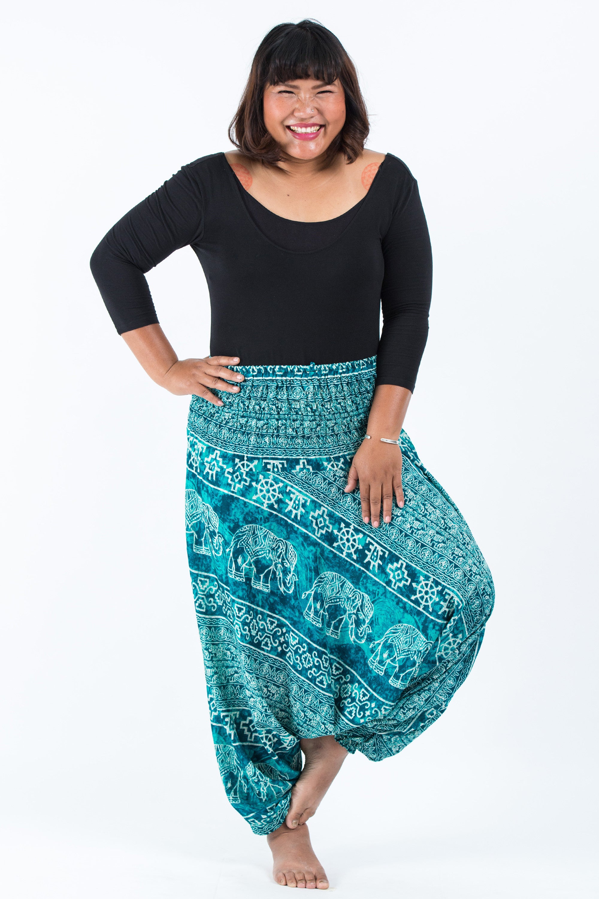 Plus Size Marble Elephant 2-in-1 Jumpsuit Elephant Pants in Turquoise
