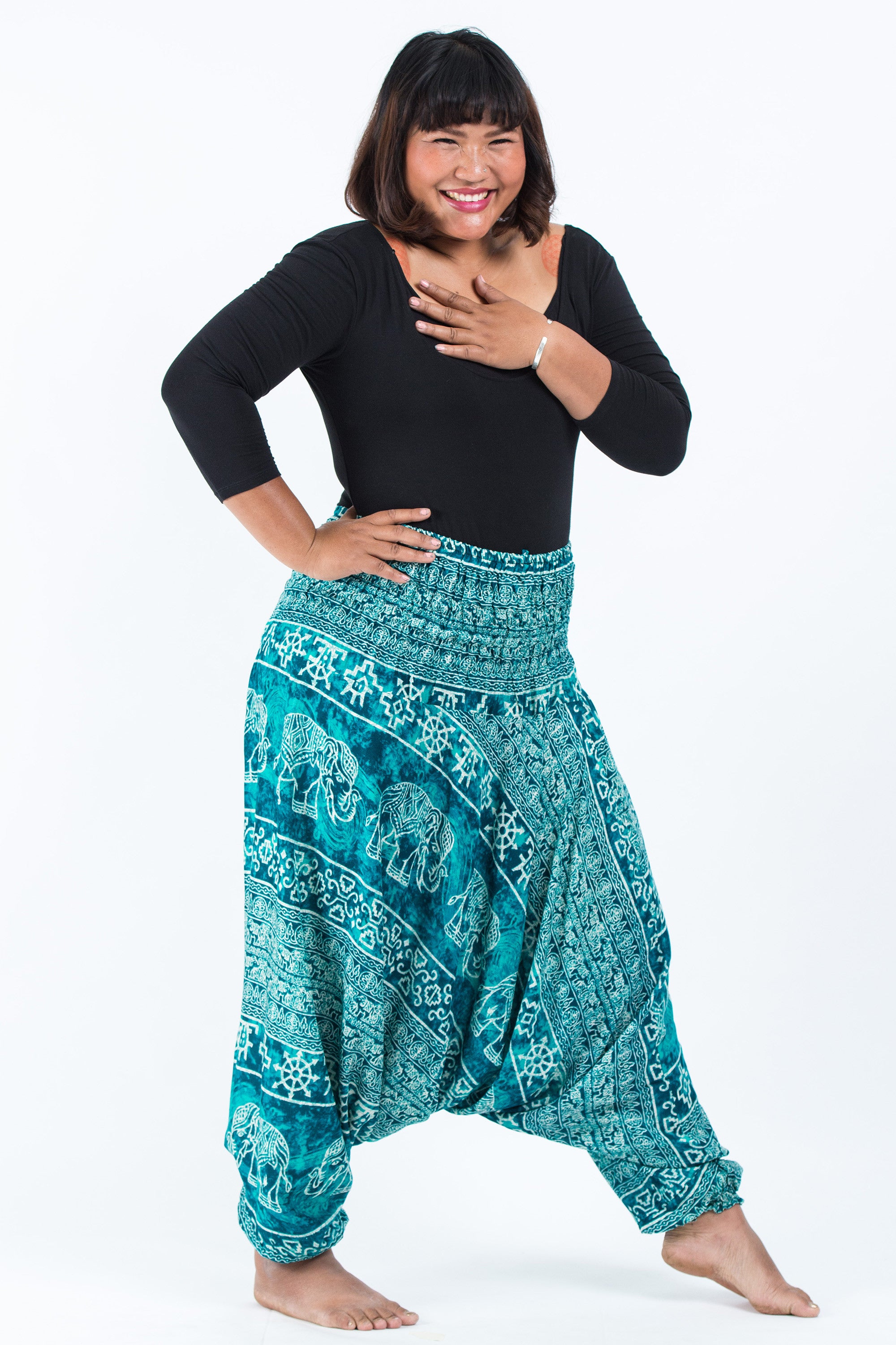 Plus Size Marble Elephant 2-in-1 Jumpsuit Elephant Pants in Turquoise