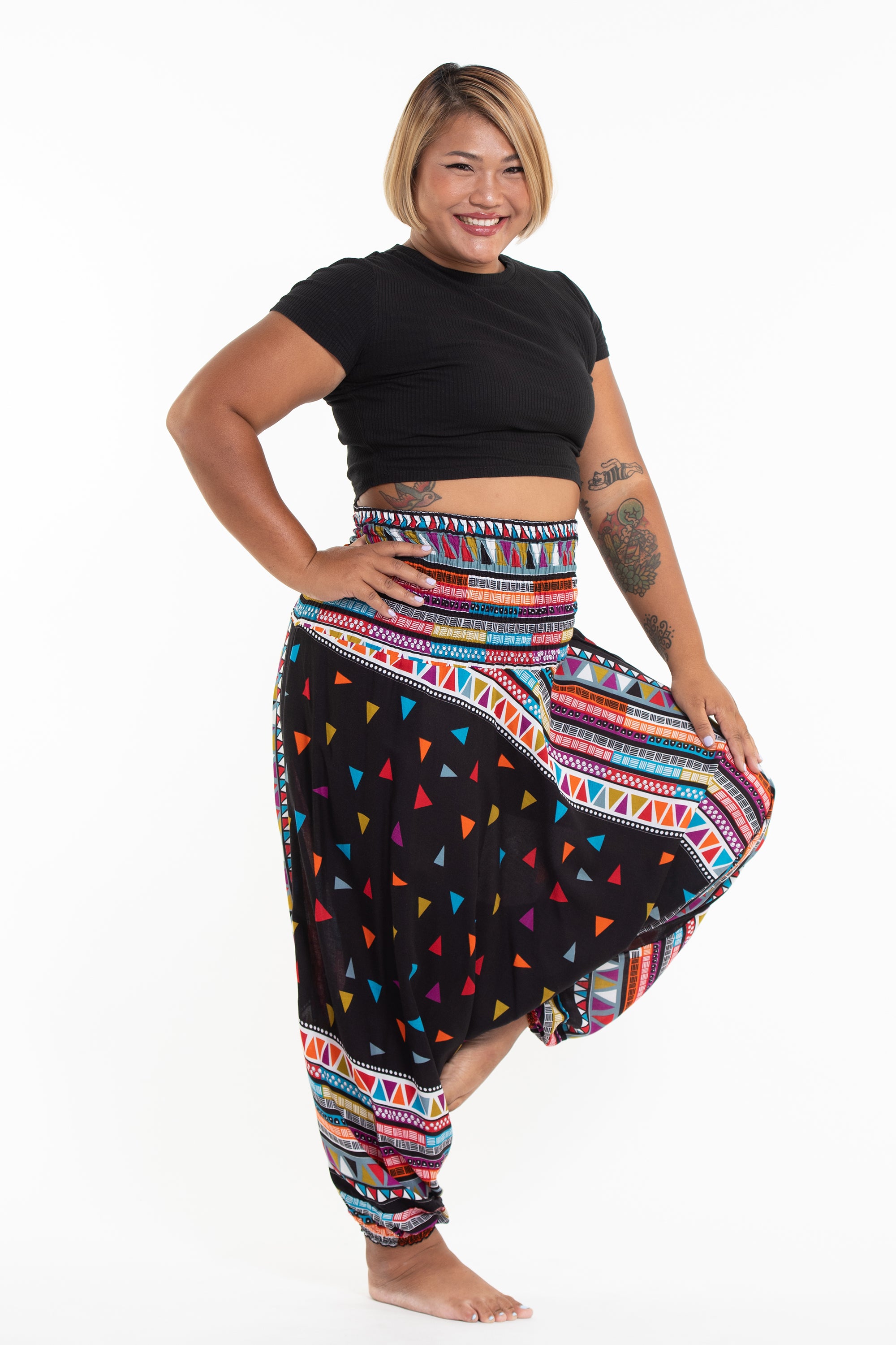 Plus Size Triangles 2-in-1 Jumpsuit Harem Pants in Black