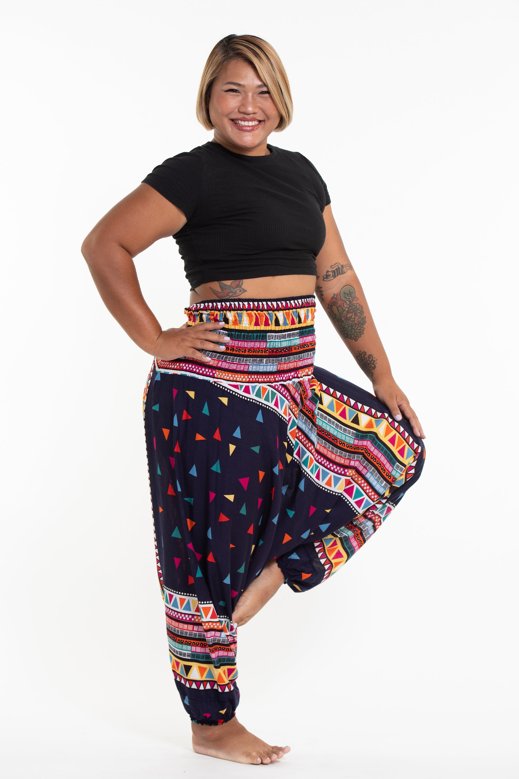 Plus Size Triangles 2-in-1 Jumpsuit Harem Pants in Navy