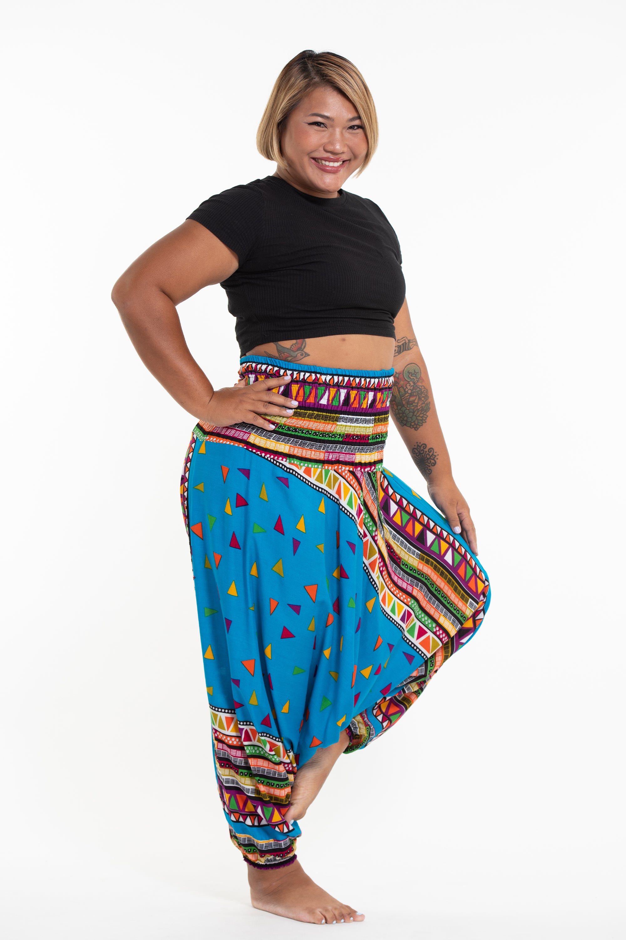 Plus Size Triangles 2-in-1 Jumpsuit Harem Pants in Ocean Blue
