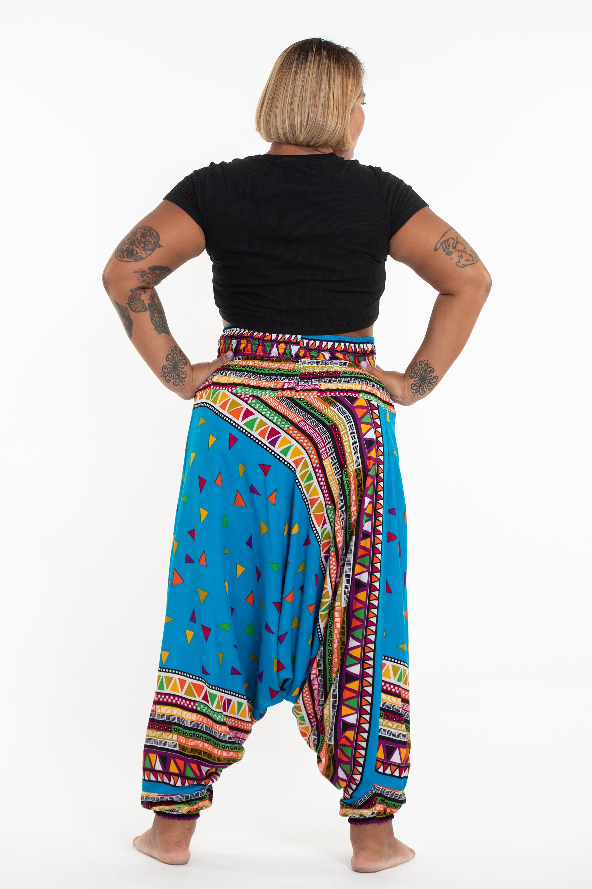 Plus Size Triangles 2-in-1 Jumpsuit Harem Pants in Ocean Blue