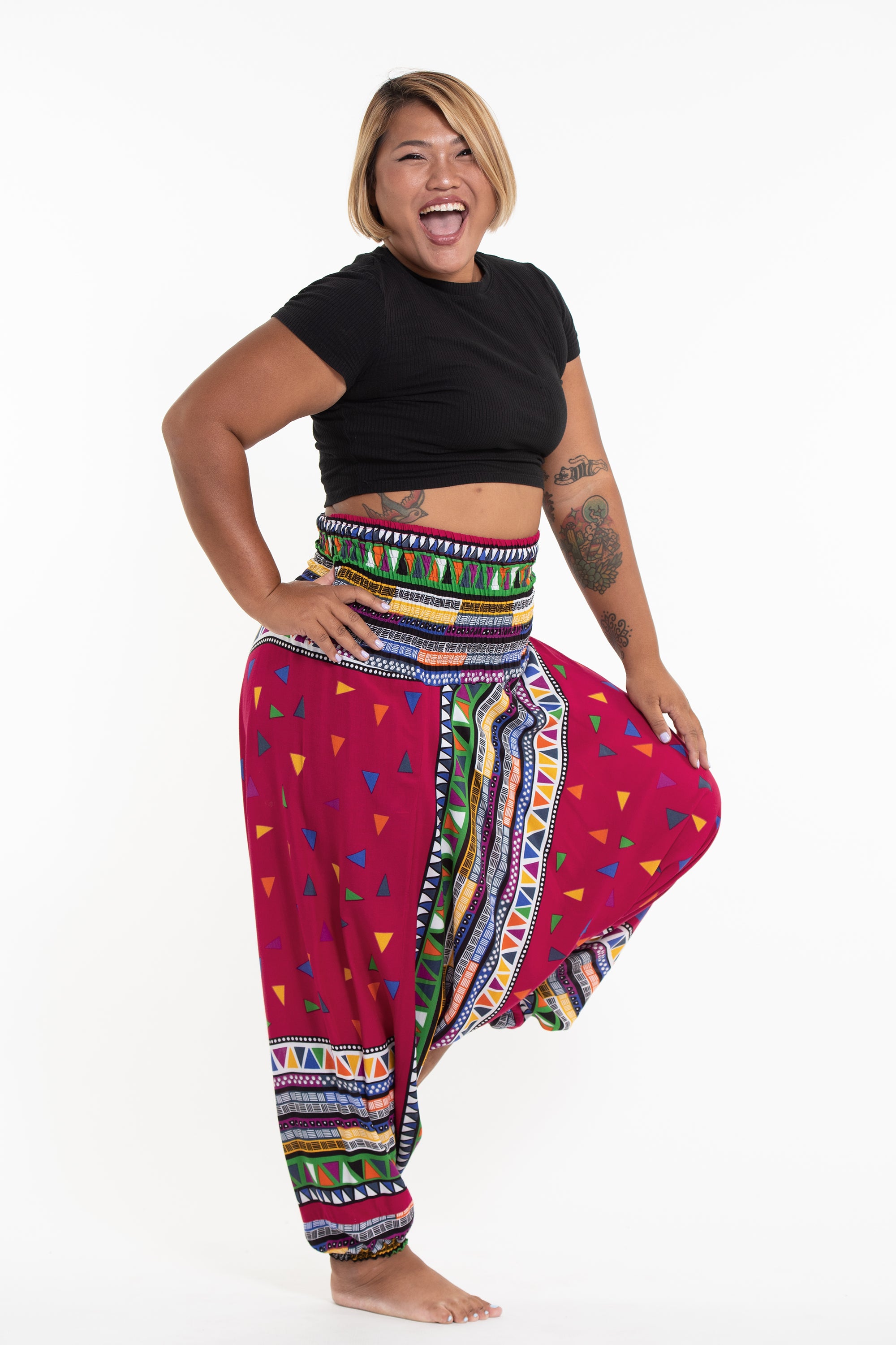 Plus Size Triangles 2-in-1 Jumpsuit Harem Pants in Pink