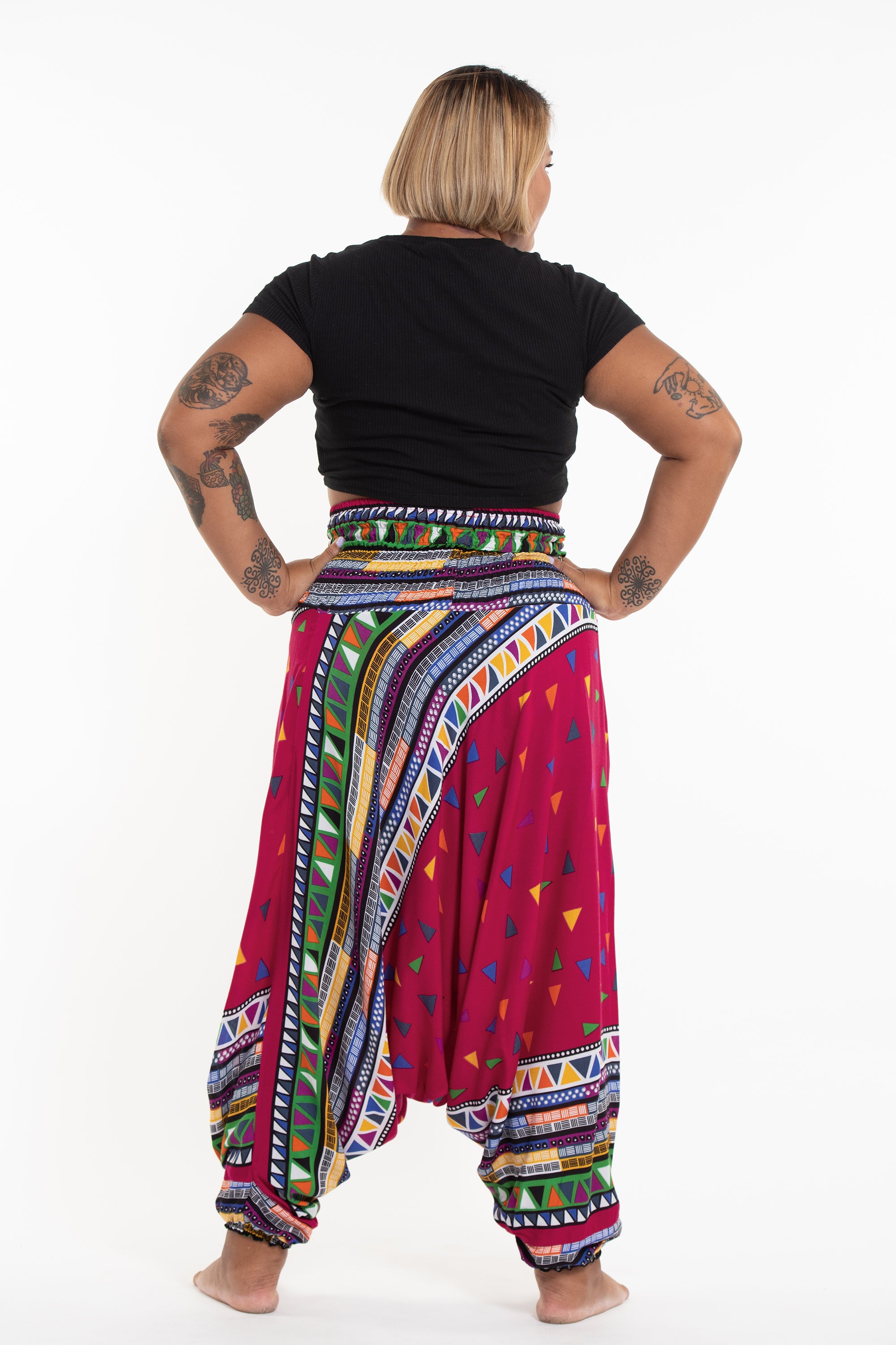 Plus Size Triangles 2-in-1 Jumpsuit Harem Pants in Pink