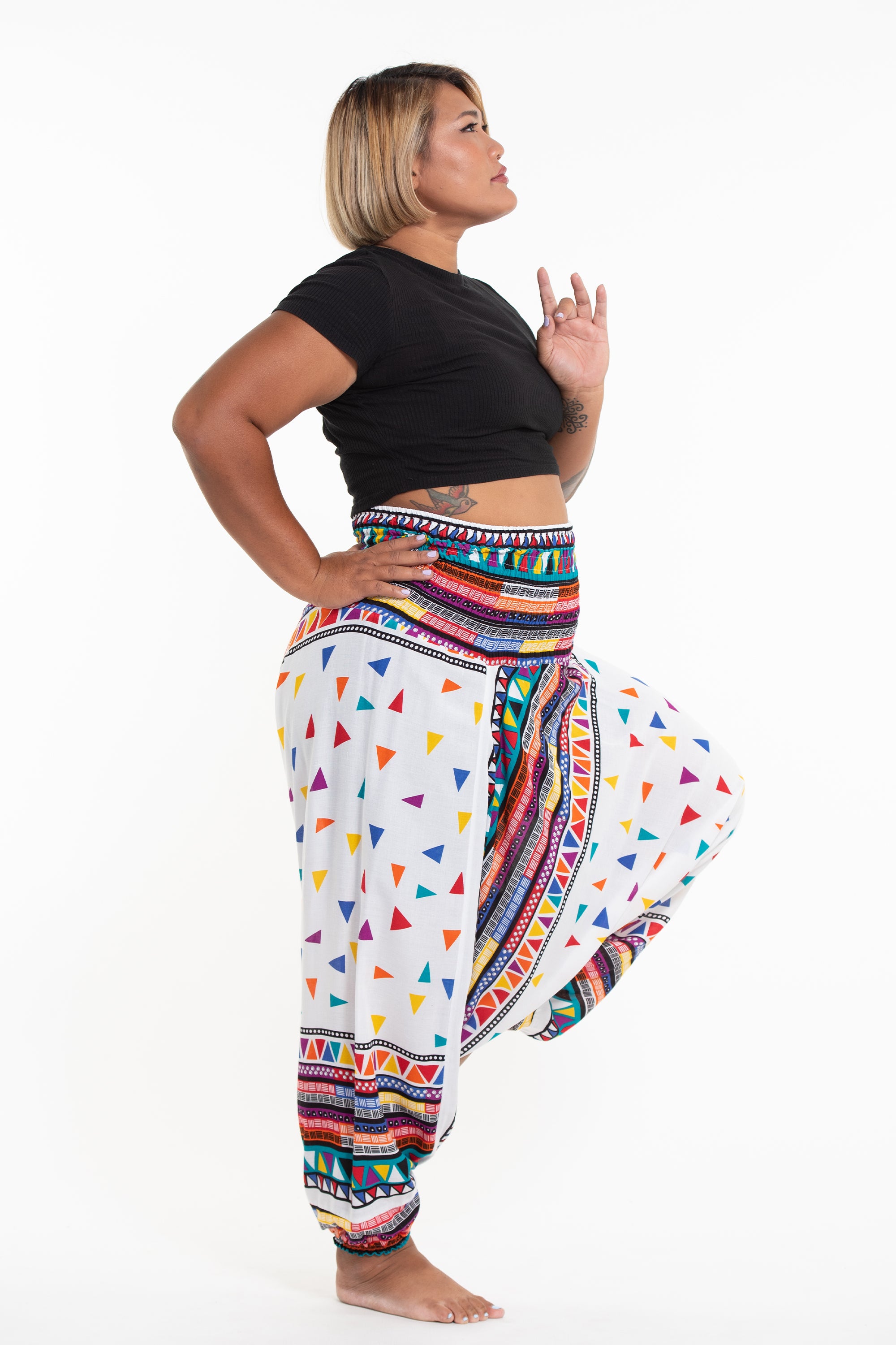 Plus Size Triangles 2-in-1 Jumpsuit Harem Pants in White