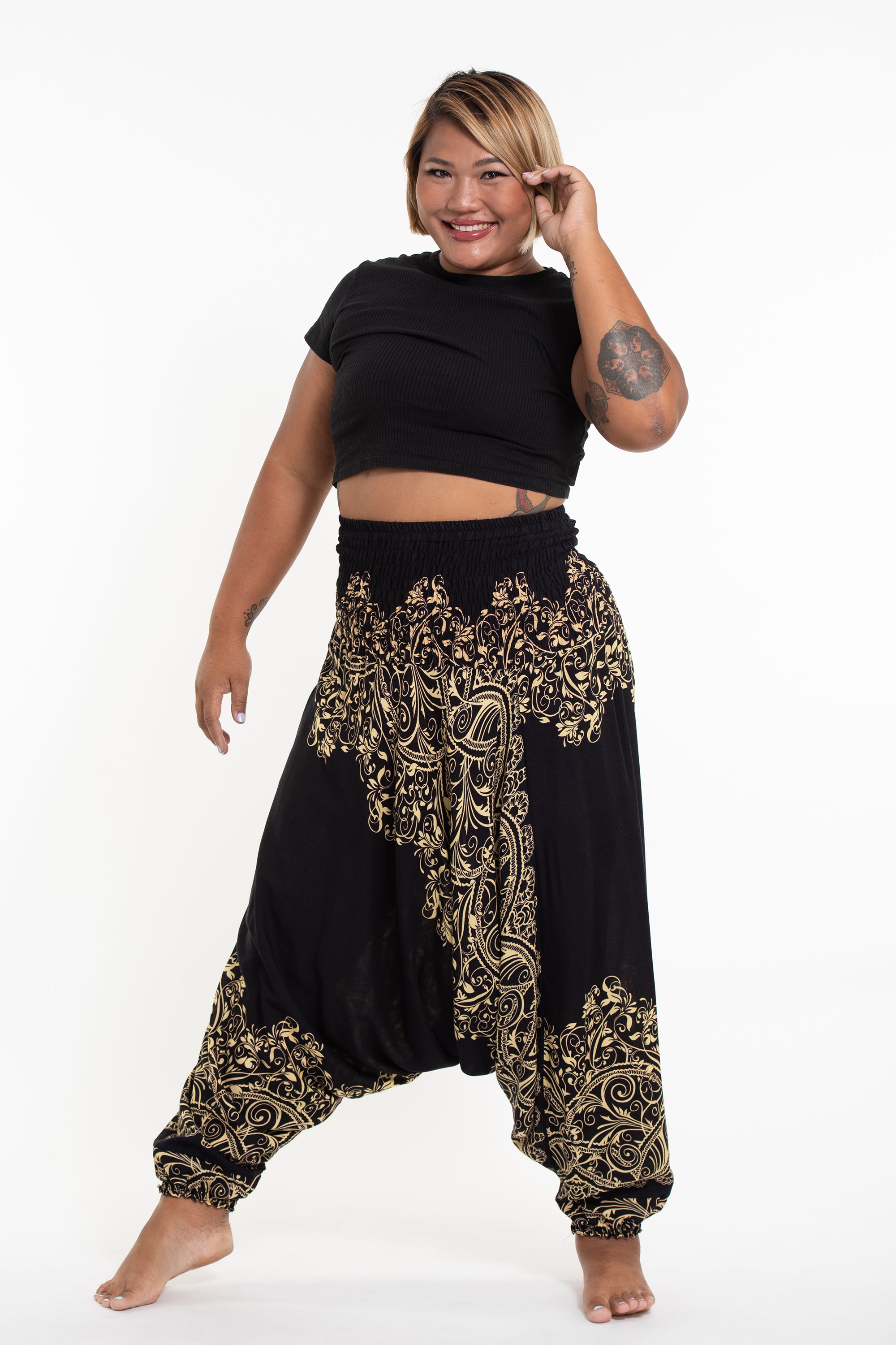 Plus Size Vines 2-in-1 Jumpsuit Harem Pants in Black
