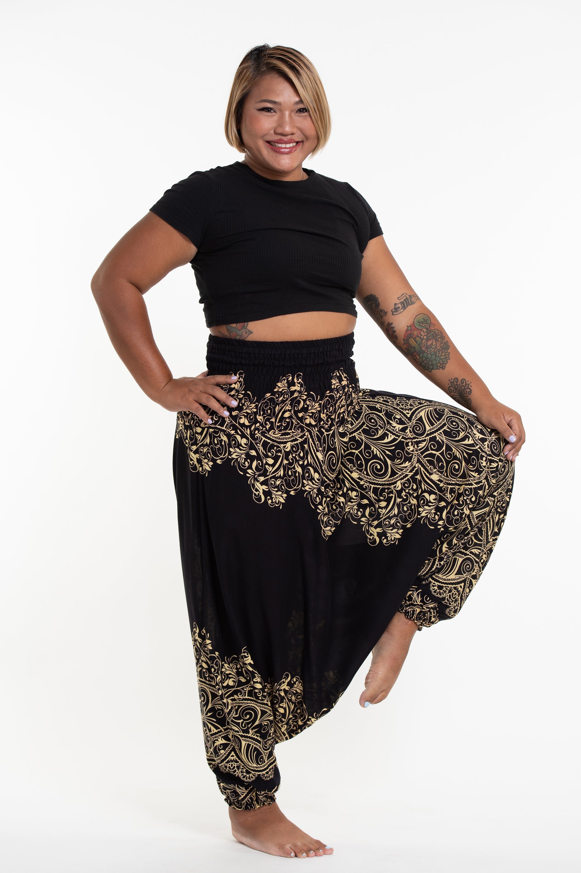 Plus Size Vines 2-in-1 Jumpsuit Harem Pants in Black