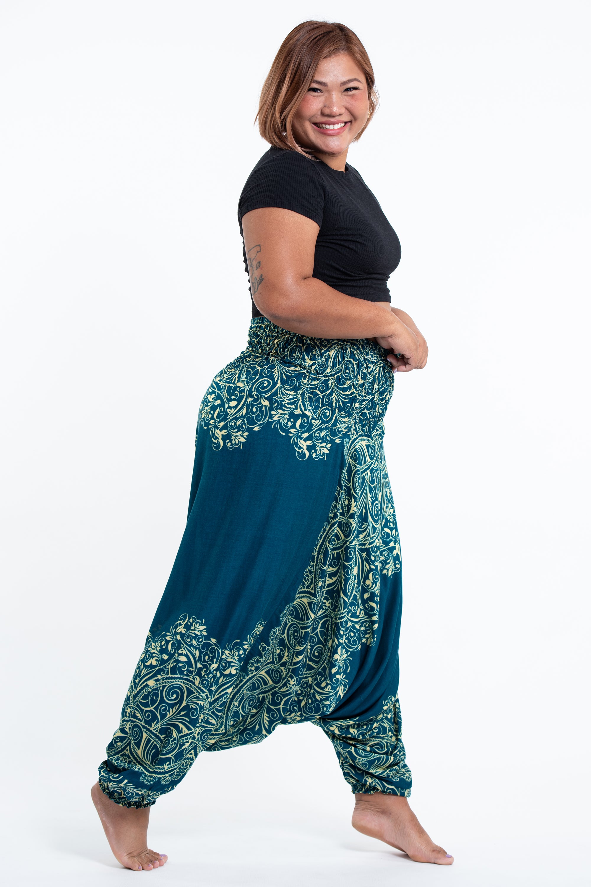 Plus Size Vines 2-in-1 Jumpsuit Harem Pants in Turquoise