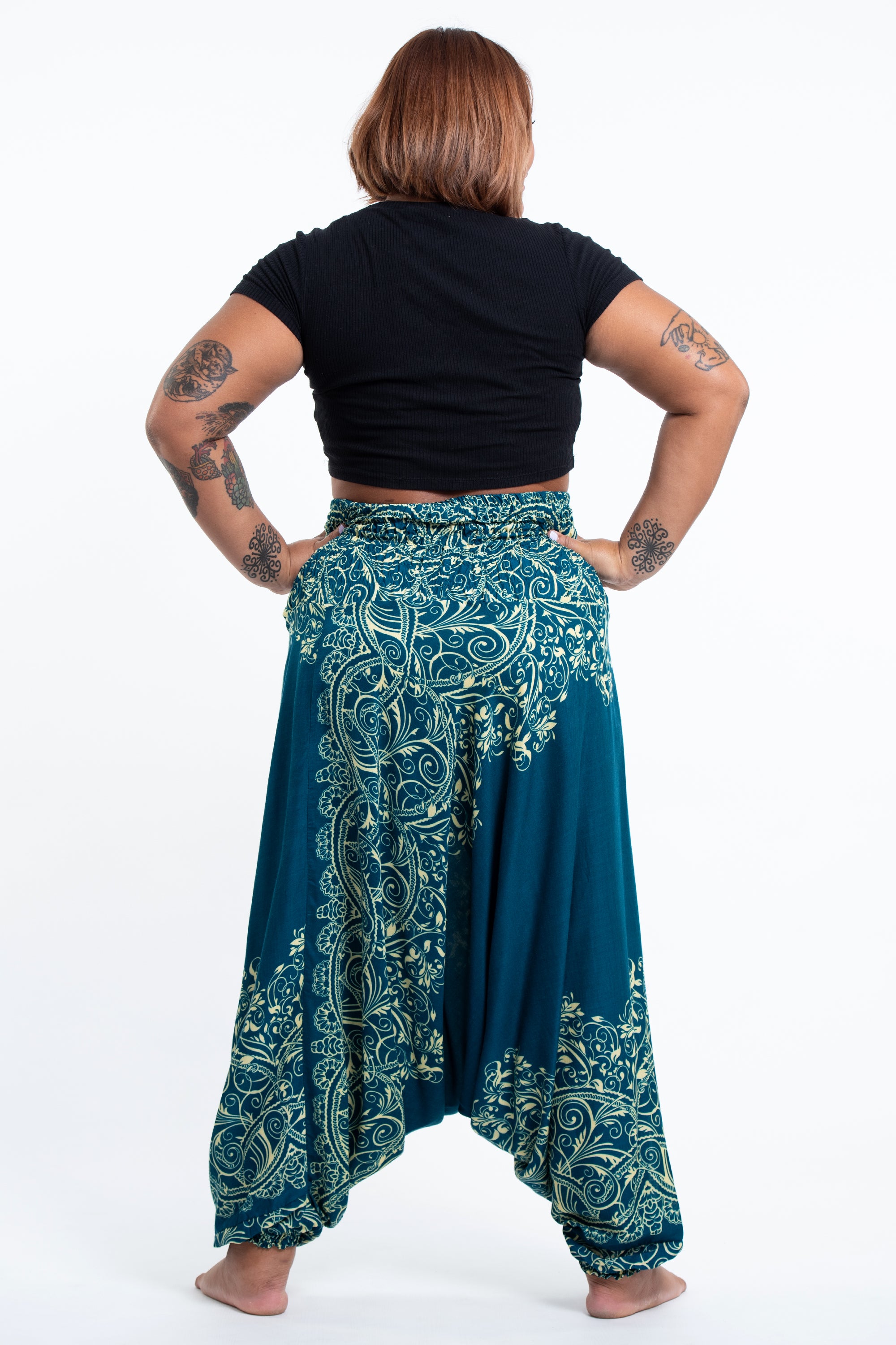 Plus Size Vines 2-in-1 Jumpsuit Harem Pants in Turquoise