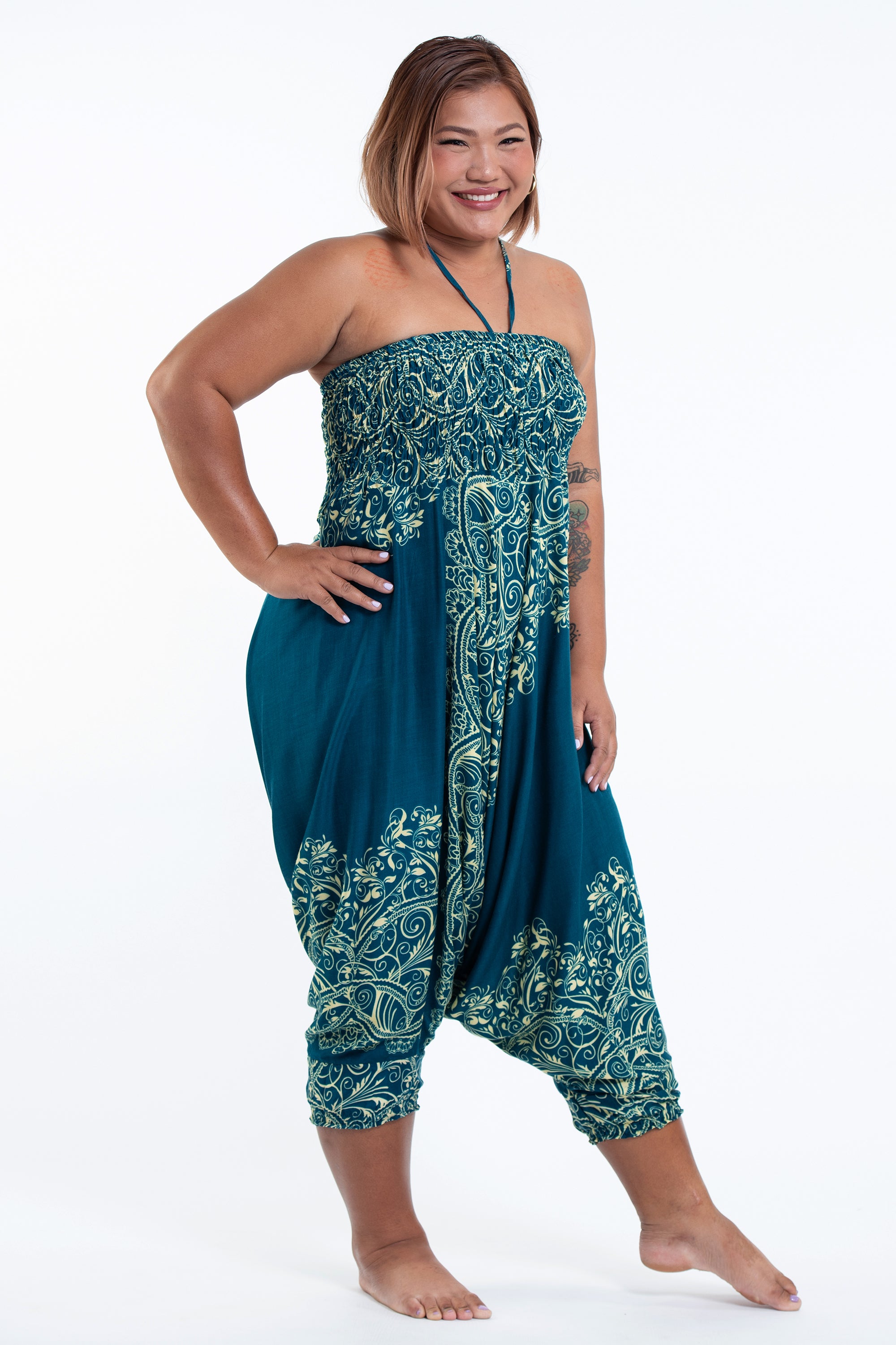Plus Size Vines 2-in-1 Jumpsuit Harem Pants in Turquoise