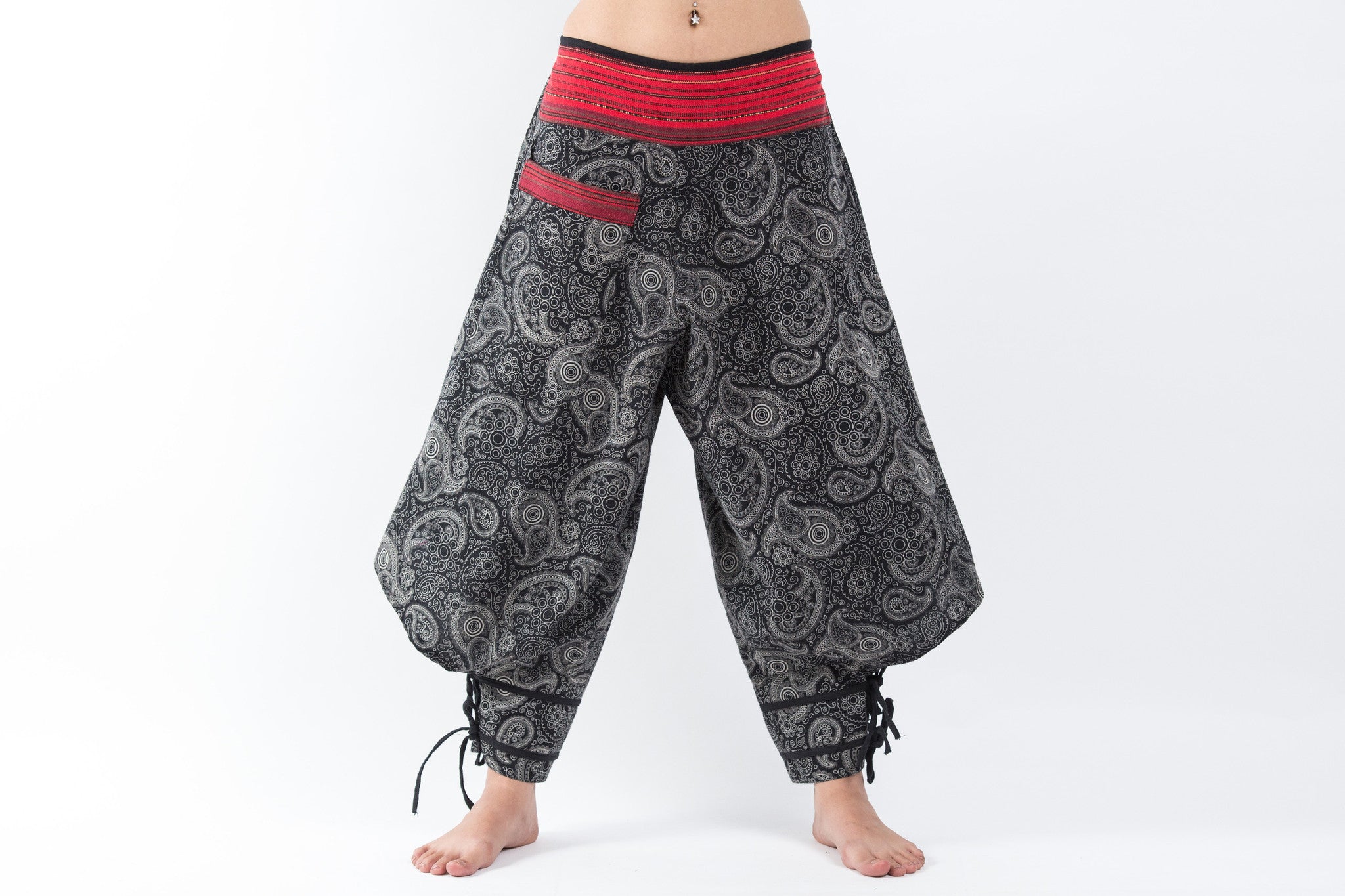 Paisley Thai Hill Tribe Fabric Women's High Cut Harem Pants with Ankle Straps