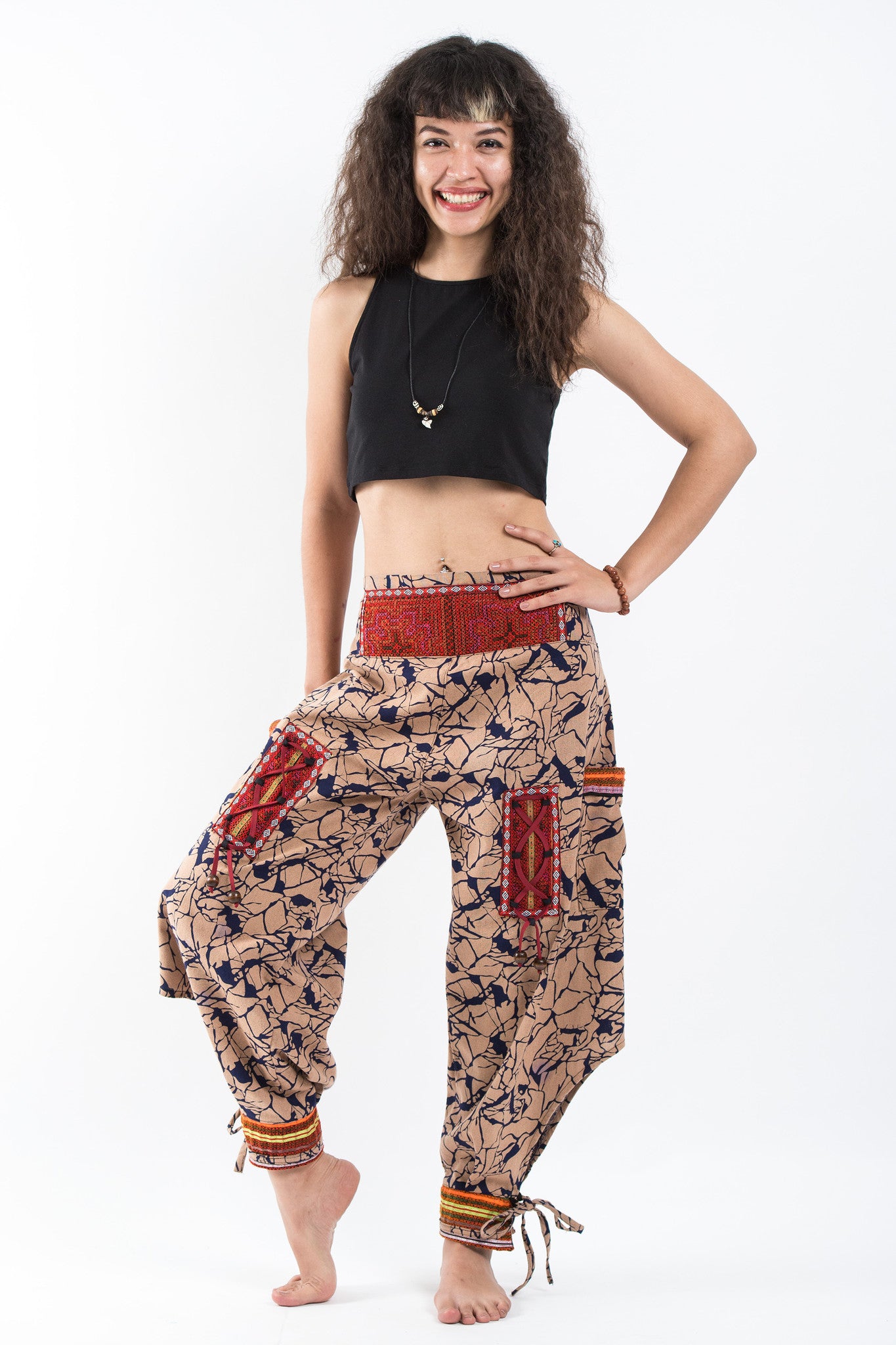 Shattered Pattern Thai Hill Tribe Fabric Women's Harem Pants with Ankle Cuffs