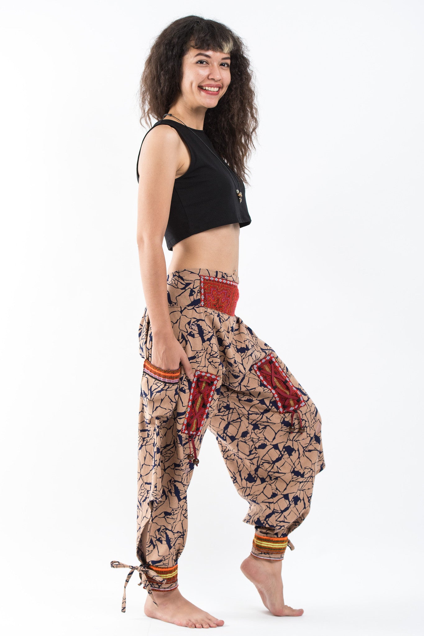 Shattered Pattern Thai Hill Tribe Fabric Women's Harem Pants with Ankle Cuffs
